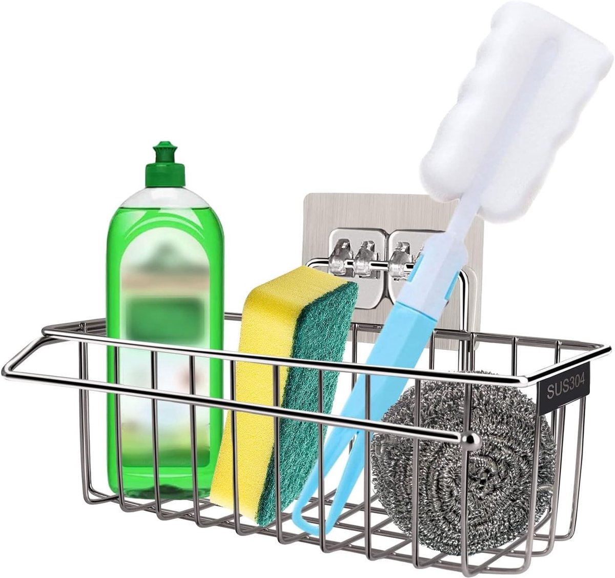 SnelShoppen - 2 in 1 Zelfklevende Keuken Spoelbak Organizer - Zonder Boren Rvs Sponge Houder voor Sponsen, Keukenhanddoeken & Borstels - Corrosiebeste