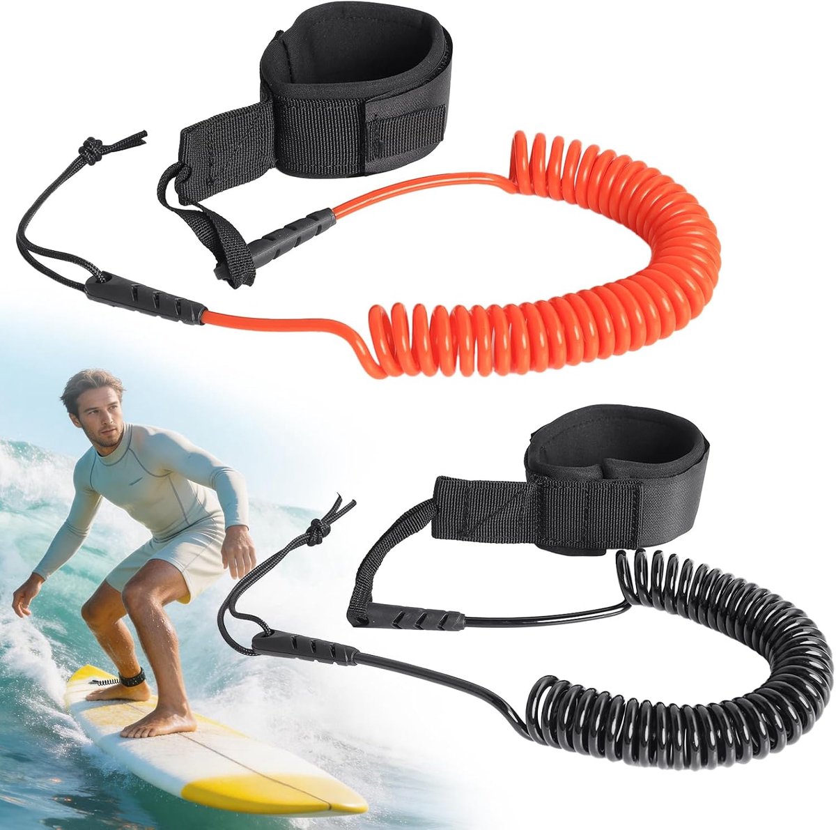 SnelShoppen - 2pcs SUP Leash 3m Coiled Surfboard Leash met Voetlus, 5mm TPU Veiligheidsleash voor Stand Up Paddle Board, Surfboard, Kayak en Longboard
