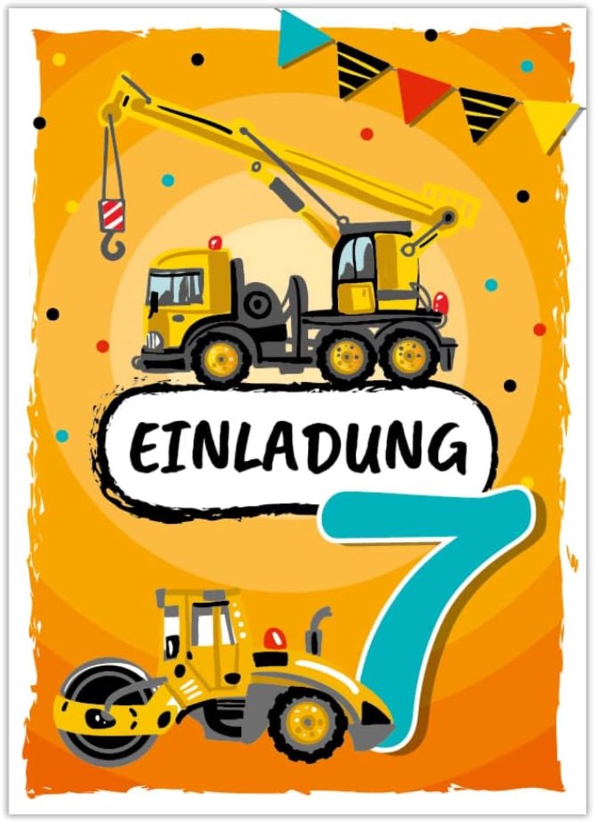 SnelShoppen - 12 Kinderuitnodigingen 7e Verjaardag - Bouwplaats Thema - Uitnodigingen voor Jongens - 10.5x14.8cm - UV Gelakt - Feest, Kinderfeestje, V