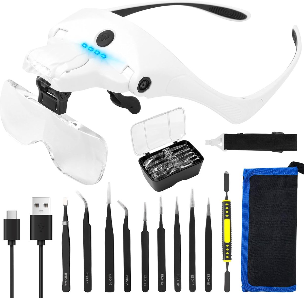 SnelShoppen - Verstelbare Vergrootglas met LED Verlichting, 5 Lenses van 1x tot 3.5x, Oogbescherming en Comfortabele Draagwijze voor Hobby, Reparatie