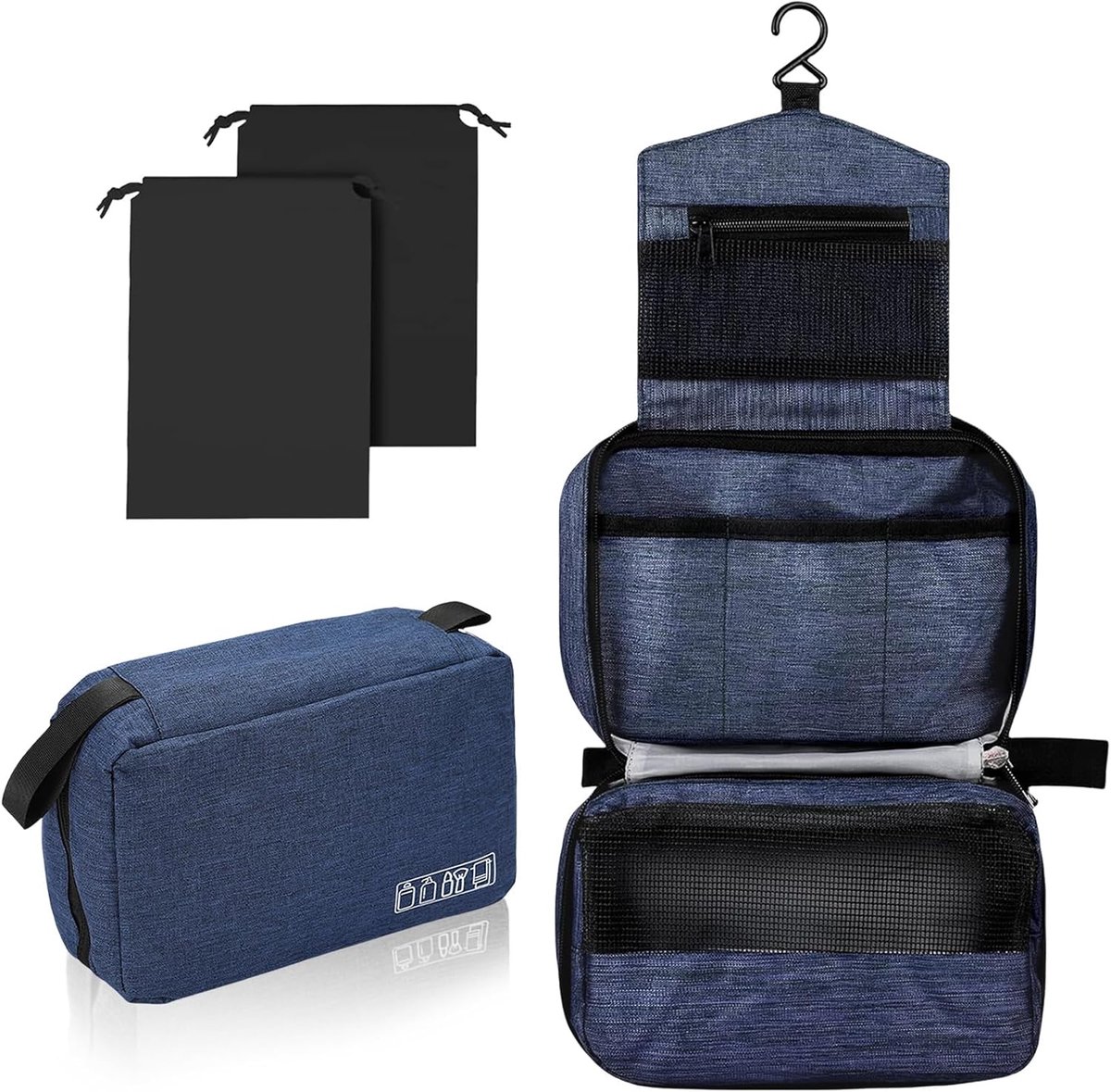 SnelShoppen - Aucuu Hangende Toilettas, Cosmetica Organizer, Makeup Bag met Haak en Handgreep, Opvouwbare Reis Tas met 2 Trekkoordzakken voor Mannen e