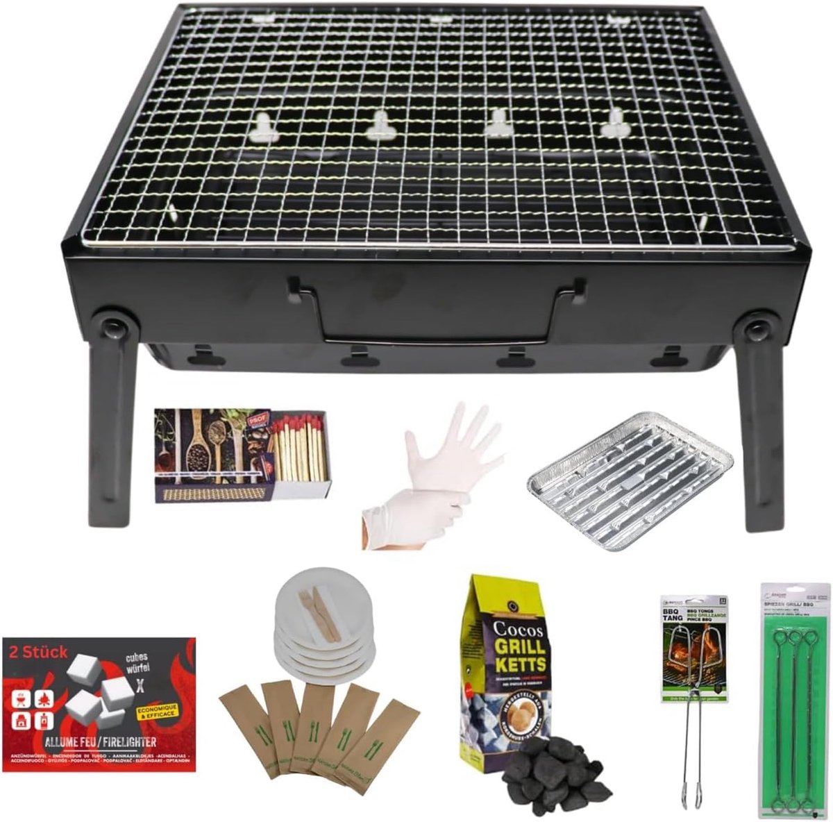 SnelShoppen - Complete BBQ Koffer Grill Set, Draagbare Houtskool Grill met Ashouder, Kokosbriketten, Aansteeklont, Wegwerpmateriaal en Accessoires voo