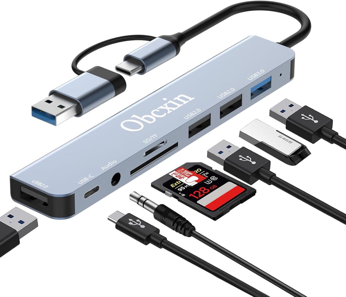 SnelShoppen - USB C Hub 8-in-2 Adapter met USB 3.0, 2x USB 2.0, 3.5mm Audio Jack, SD/TF Card Reader, Dual USB-C/USB-A, Aluminium Docking Station voor