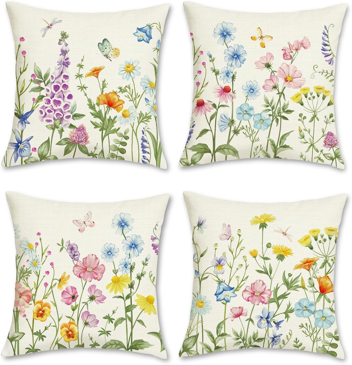 SnelShoppen - Kussenhoezen Bloemen 45x45cm Set van 4 - Decoratieve Kussens voor Sofa, Bed, Tuin - Polyester Linnen Zomer & Lente Decoratie