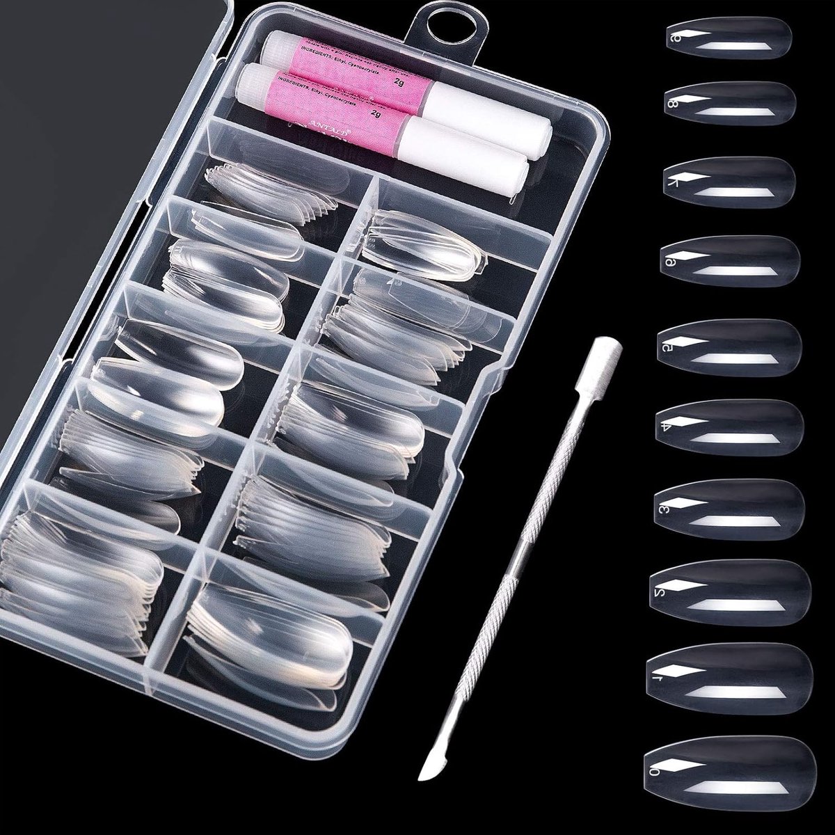 SnelShoppen - Pack van 100 Nepnagels, Transparante Kunstnagels met Lijm en Cuticle Slider, 10 Maten voor Vrouwen en Meisjes, Perfect voor Feesten en D