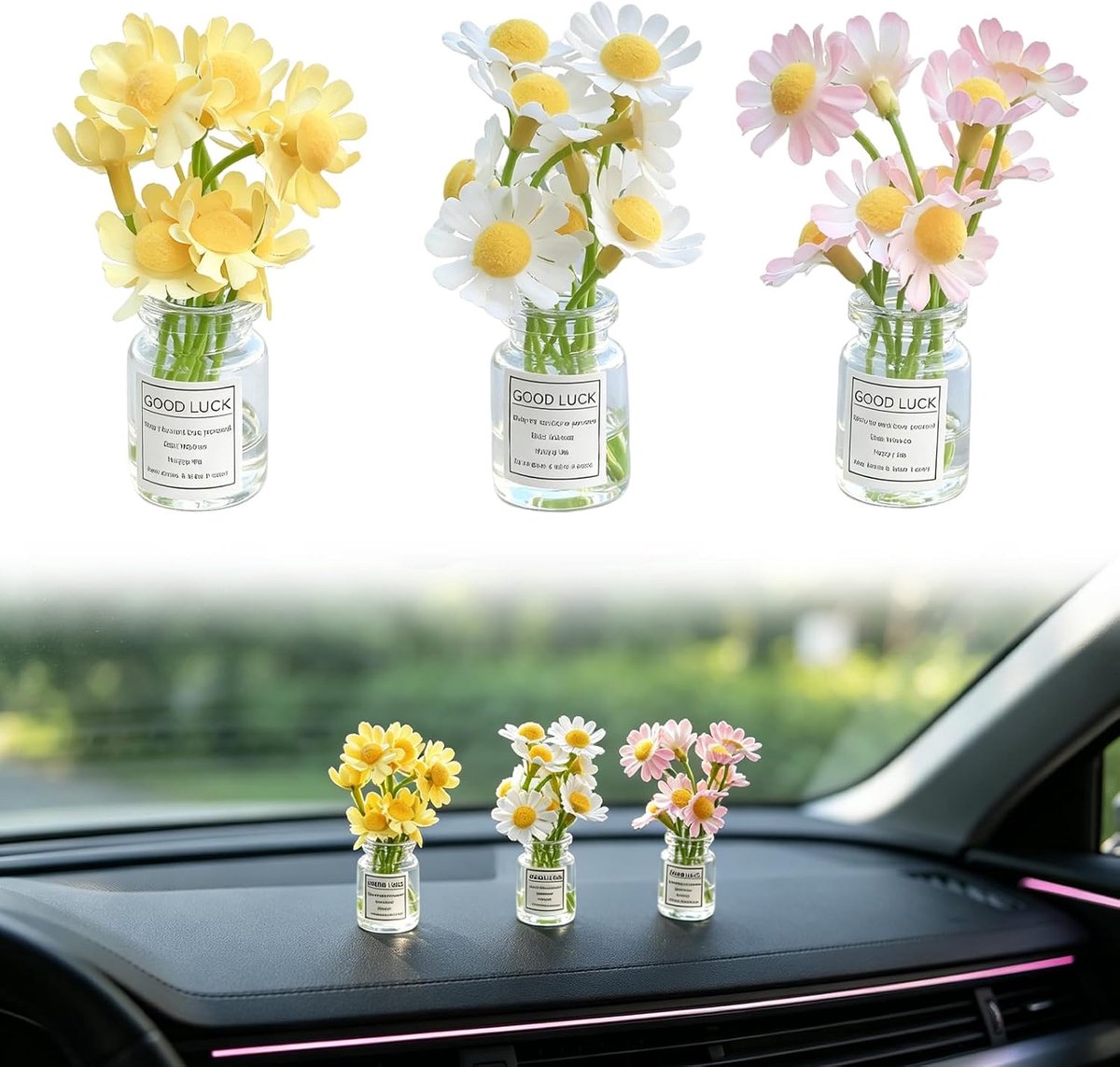 SnelShoppen - 3 stuks autodecoratie madeliefjes, schattige mini-kunstbloemen voor dashboard en voertuigraam, interieurdecoratie, roze wit geel, hoogwa
