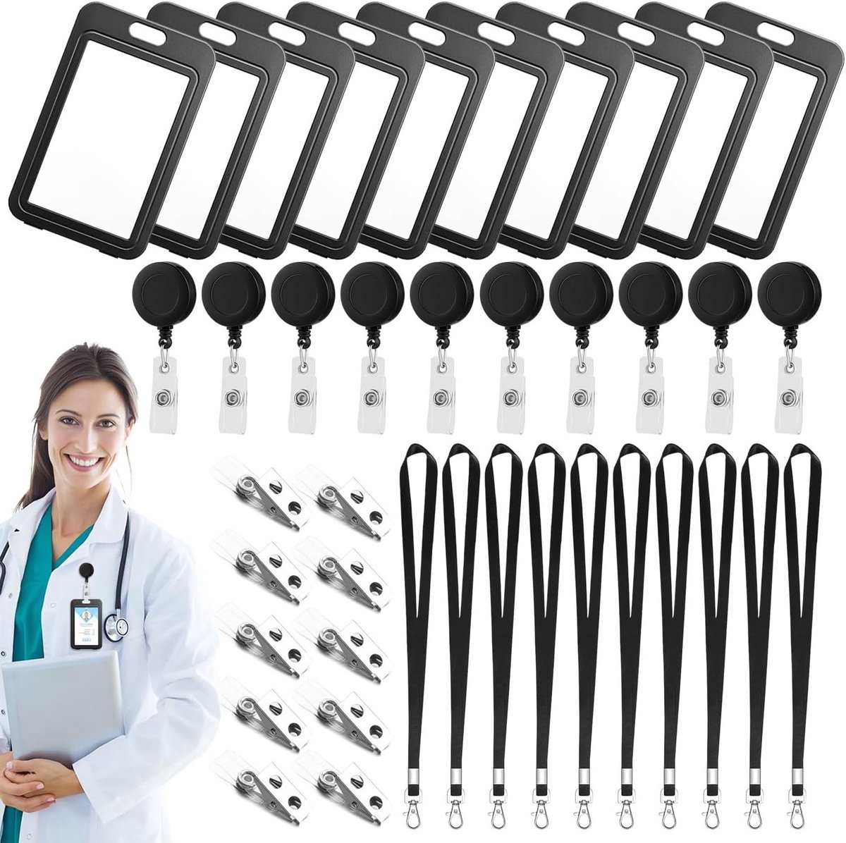 Set van 10 ID-kaarthouders met Lanyard en Retractable Keychain voor ID, Pasjes en Creditcards