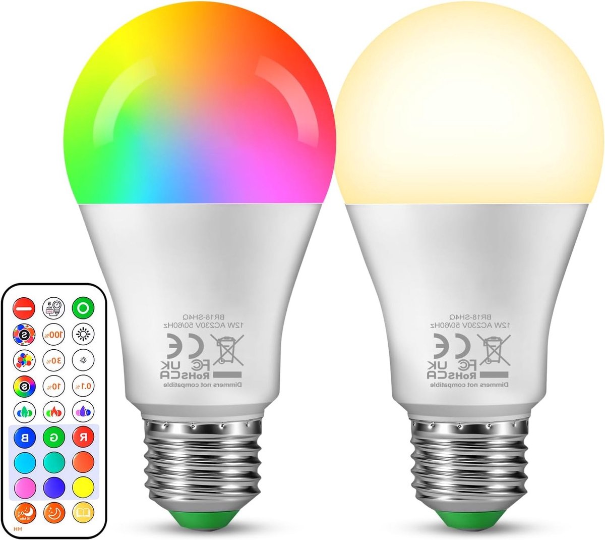 E27 RGB LED Lampen Set van 2 - 12W Kleurveranderend met Afstandsbediening, 1100 Lumen, Ene