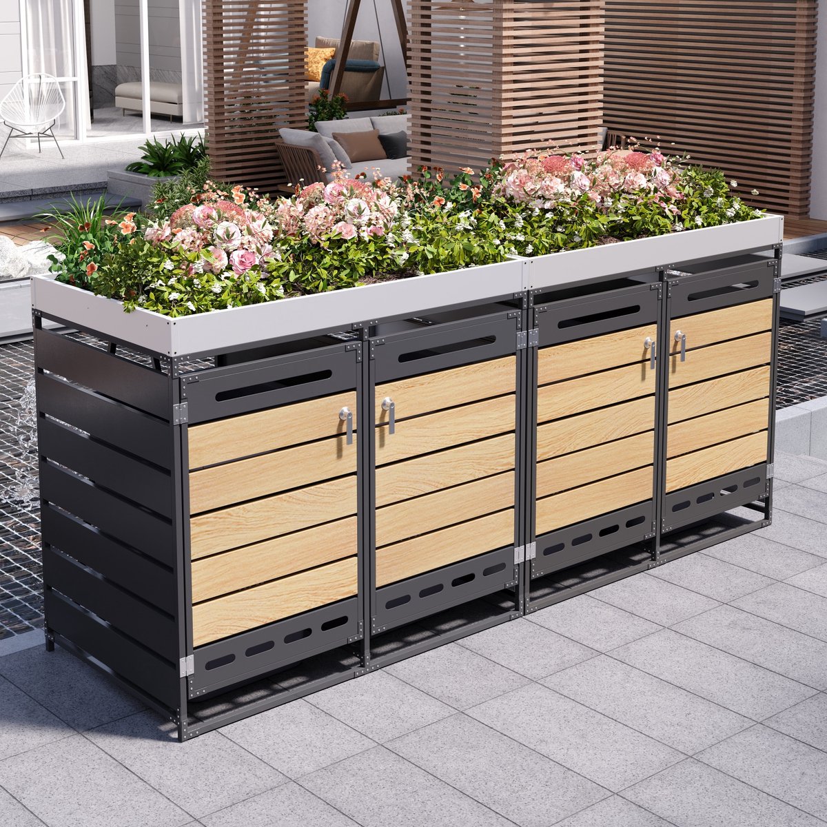 FloraGrace Containerberging - 262 x 79 x 120 cm - Met Geintegreerde Plantenbak - Metaal - Zwart - Voor 4 Afvalbakken Met Ventilatie En Slot