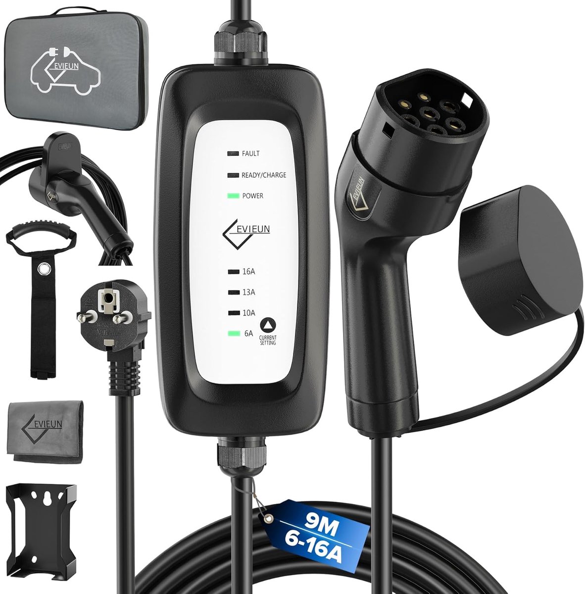 SnelShoppen - EV Charger Type 2 3,6kW 9M - Verstelbare 6A/10A/13A/16A - Type 2 Oplaadkabel Schuko Geschikt voor ID.3/ID.4, Model 3/Y, ZOE, e-208, Spri