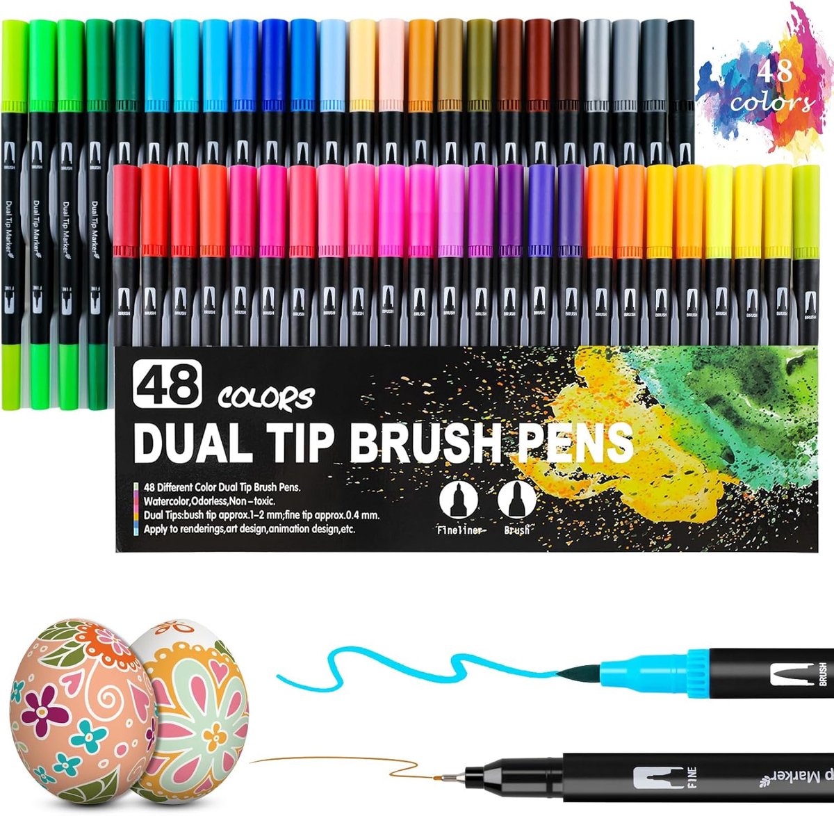 SnelShoppen - Set van 48 Kleurige Viltstiften, Dual Brush Pens, Waterdicht, Ideaal voor Creatief Knutselen en Decoratie op Steen, Hout, Canvas, Glas,