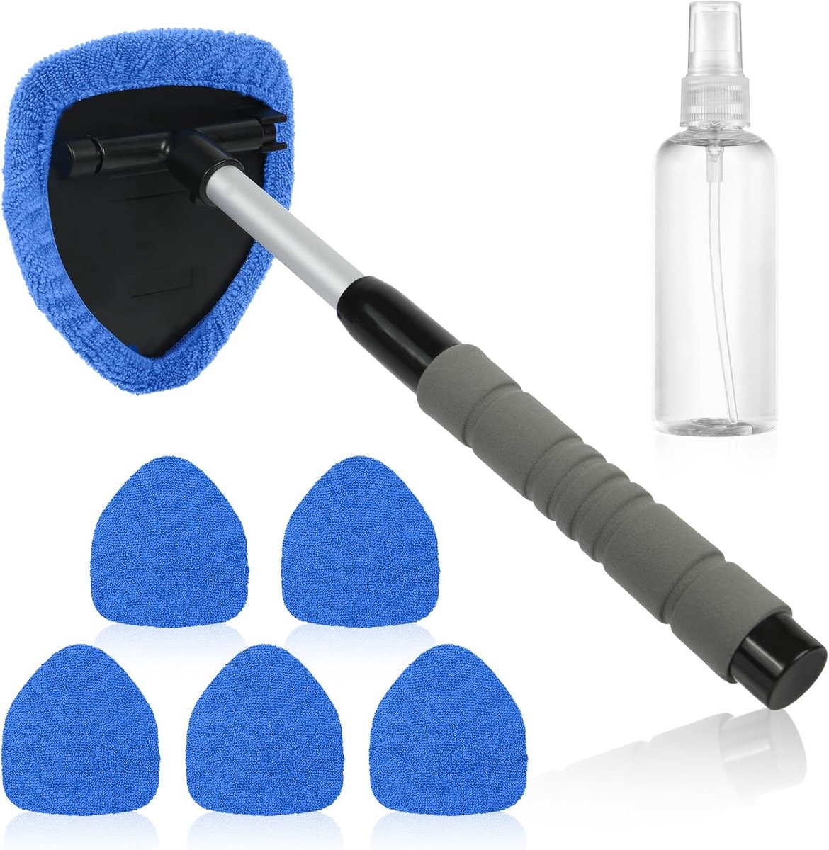 SnelShoppen - 6-delige Auto Raamreiniger Set met 5 Herbruikbare Microvezel Pads, Sprayfles, Uittrekbare Lange Handvat, Ruitreinigingsgereedschap voor