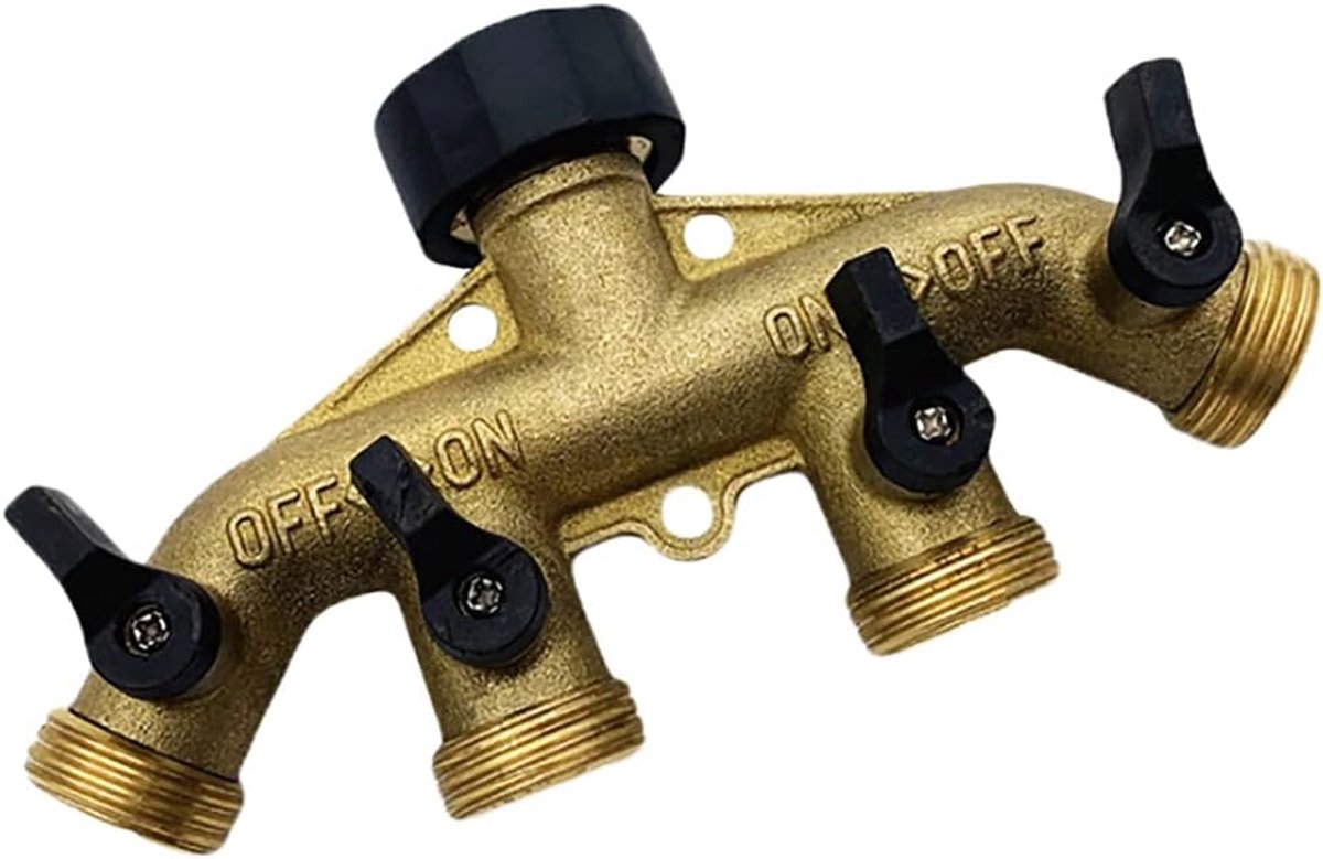 SnelShoppen - 4 Way Heavy Duty Messing Tuinslang Splitter, 3/4" Slang Spigot Adapter met 4 Kleppen voor Tuin, Camping en Buiten