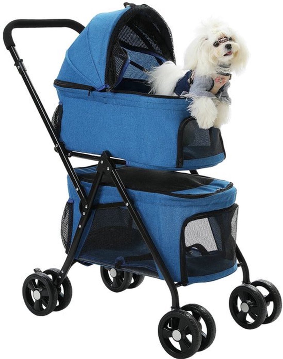 Hondenwandelwagen - Hondenwandelwagen Inklapbaar - Wandelwagen - Opvouwbaar - 4-wiel - met puppy opbergmand - Blauw