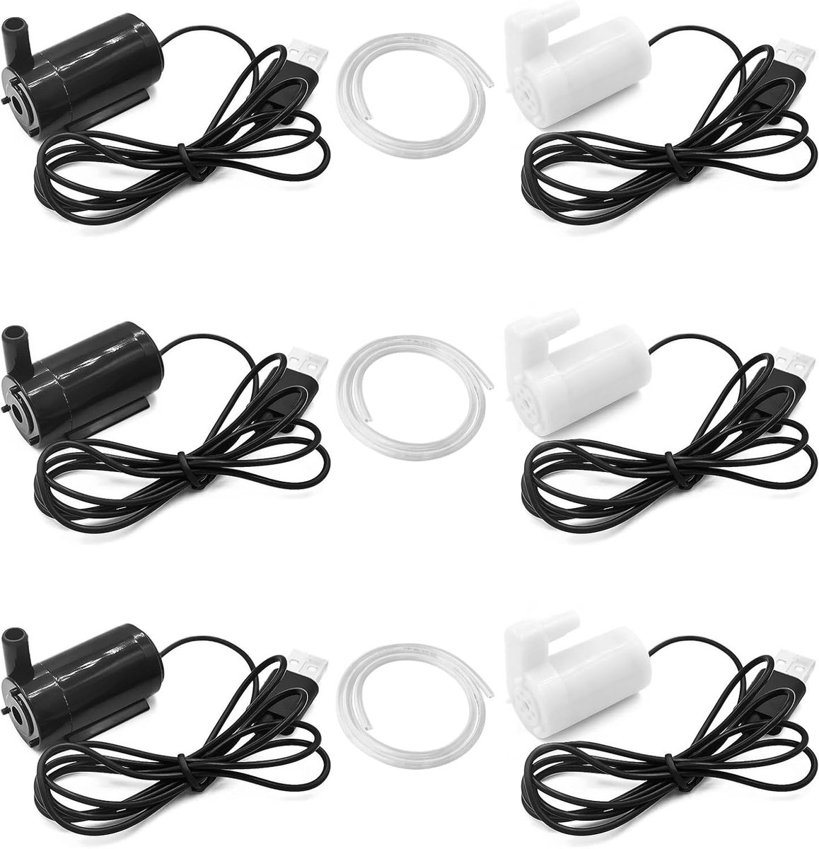 SnelShoppen - 6 Stuks USB Mini Submersible Pomp - 3 Zwart Horizontaal & 3 Wit Verticaal - 3 Meter Slang - DC 3-5V Waterpomp voor Aquariums, Fonteinen,