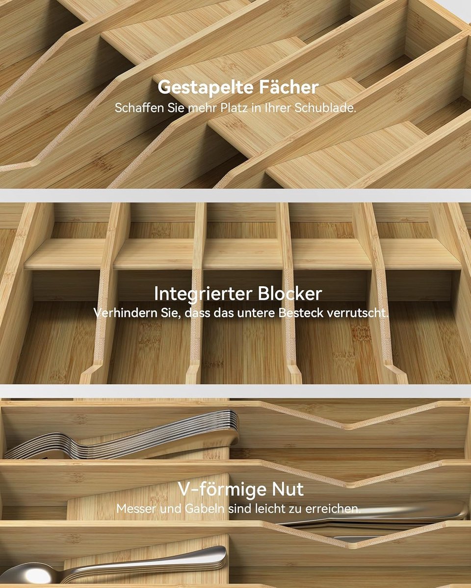 SnelShoppen - Bamboe bestekbak Uittrekbaar met 12 V-vormige vakken en Antislip Blokken, Keuken Organizer voor Bestek en Keukengerei, 42,5x32,8x6,5 cm
