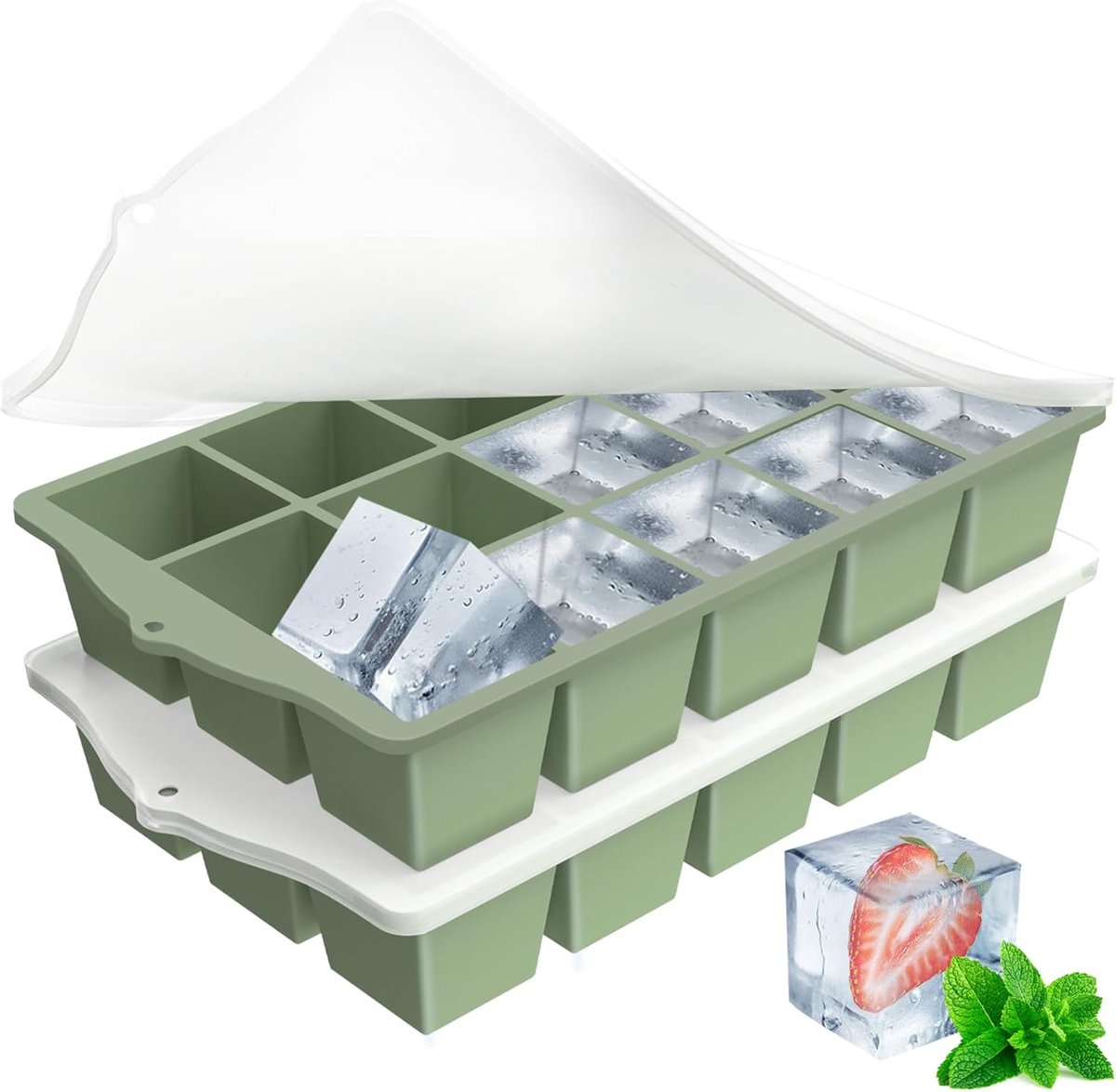 SnelShoppen - Silicone Ice Cube Mould met Deksel, BPA-vrij, Stapelbare IJsblokjesvorm voor Cocktails en Whisky - Groen, 2 Stuks