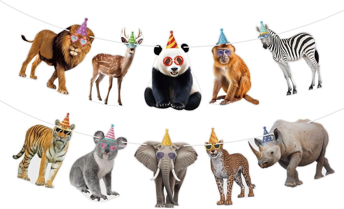 SnelShoppen - Safari Dieren Verjaardagsbanner - Jungle Themed Versiering - Dierenfeest Decoraties - 10 Verschillende Safari Dieren - Feestbanner voor