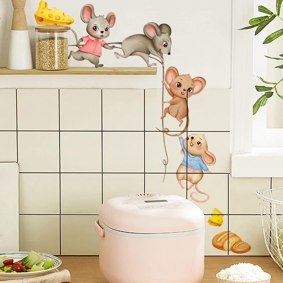 Muis op Touw Wandstickers, Kaas en Brood Wanddecoratie voor Keuken en Eetkamer, Creatieve Muurstickers voor Huisdecoratie