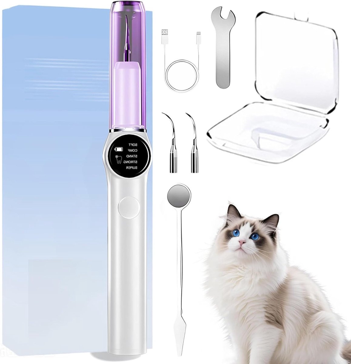 10-delige ultrasone tandenreiniger voor honden en katten, met 5 reinigingsmodi en UV-C sterilisatie voor effectieve tandverzorging en tandsteenverwijdering
