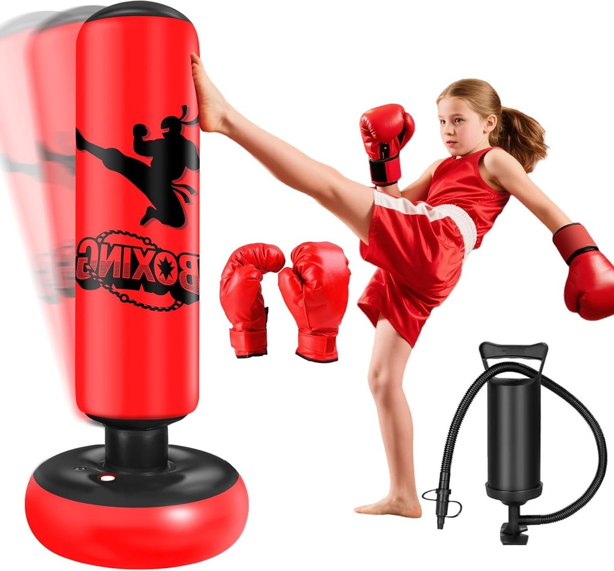 Punching Bag voor Kinderen van 6 tot 12 Jaar - 160 cm Staande Inflatable Bokszak met Bokshandschoenen - Perfect voor Karate Training en Kickboksen, Cadeau voor Jongens en Meisjes
