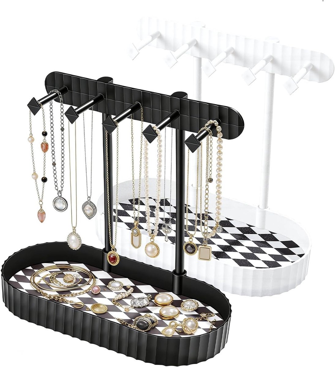 Sieradenorganizer voor dames met 5 haken, ideaal voor het opbergen van oorbellen, halskettingen en ringen, set van 2 in wit en zwart