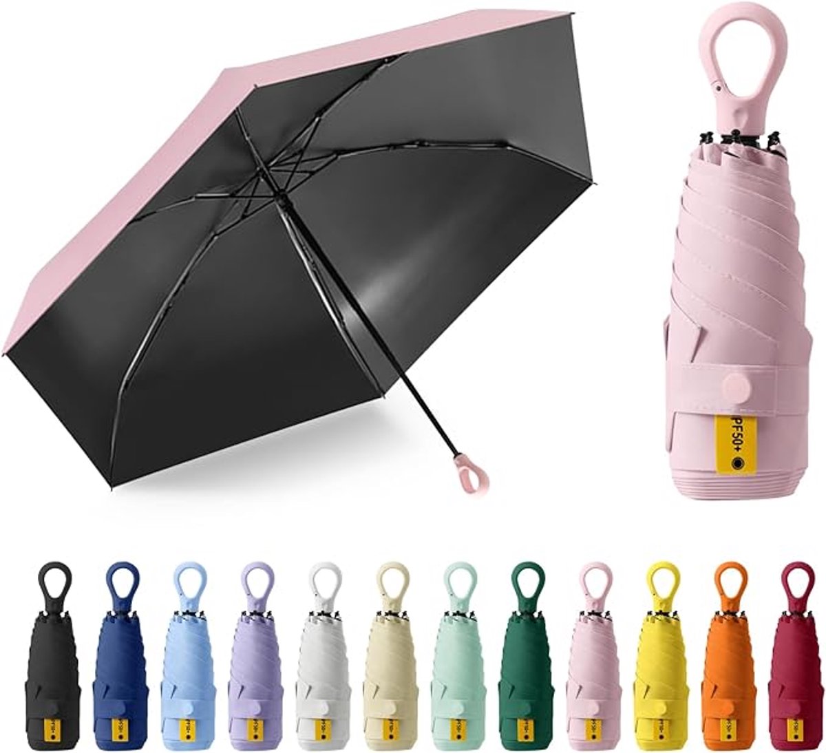 Zonneparaplu, zakparaplu, UPF50+, mini-paraplu met 6 baleinen, ringhandvat met opbergdoosje, geschikt voor zonnige en regenachtige dagen - roze