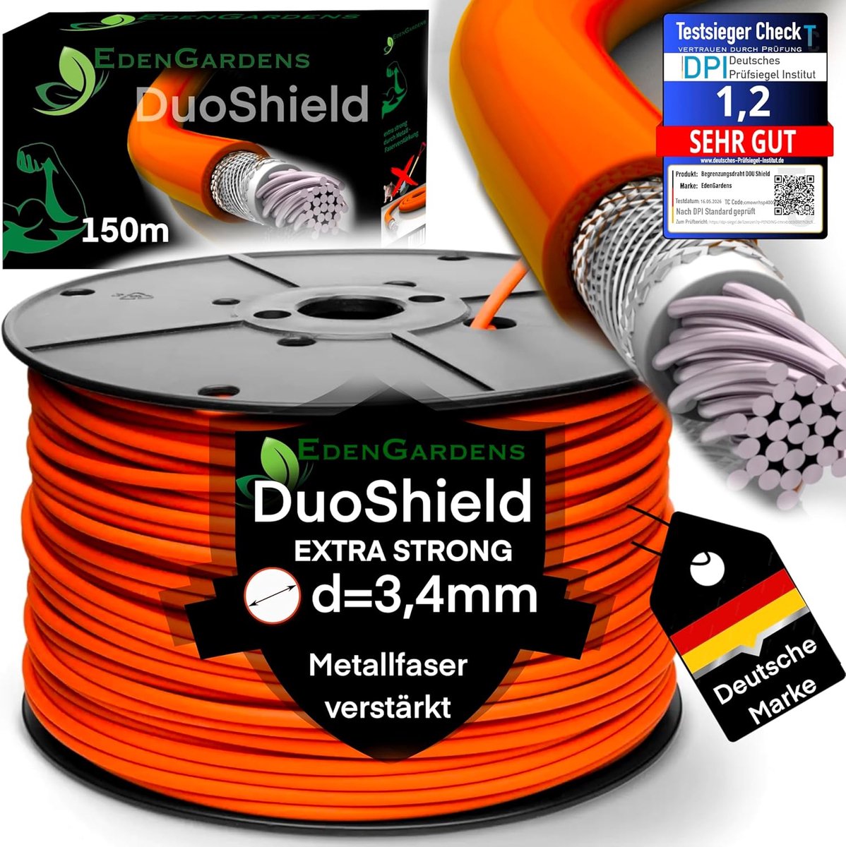 SnelShoppen - Duo Shield 150m Grondkabel 3.4mm Extra Sterk 4-laags Bescherming met Staal, Bijtbestendig en Spatwaterdicht voor Robotmaaiers en Tuin