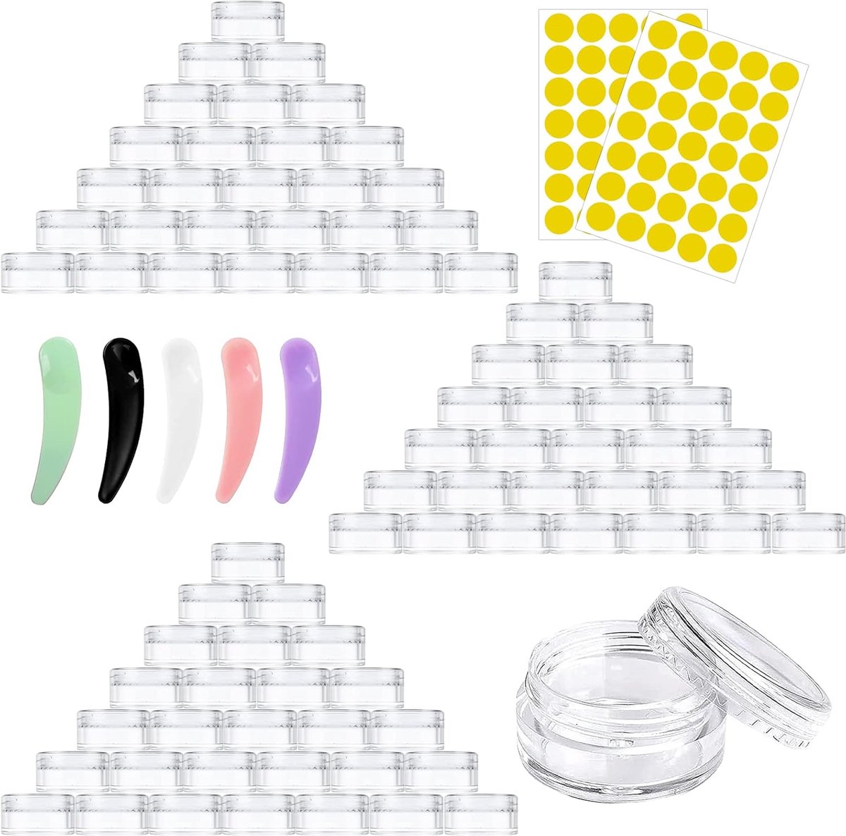 SnelShoppen - 100pcs Sample Jars Reiskosmeticajars 5ml/5g Heldere Plastic Potjes met Deksel Labels Spatula Make-up Accessoires voor Toiletten, Feest,