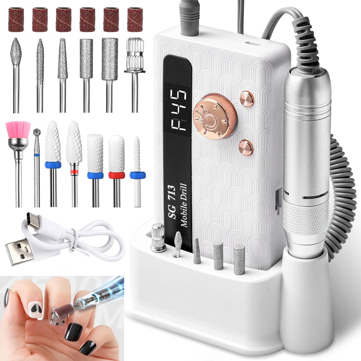 KZQ Professionele nagelboor met 13 opzetstukken - LED-scherm en ultra-stil - Oplaadbaar voor acrylnagels en gelpolijst - Wit