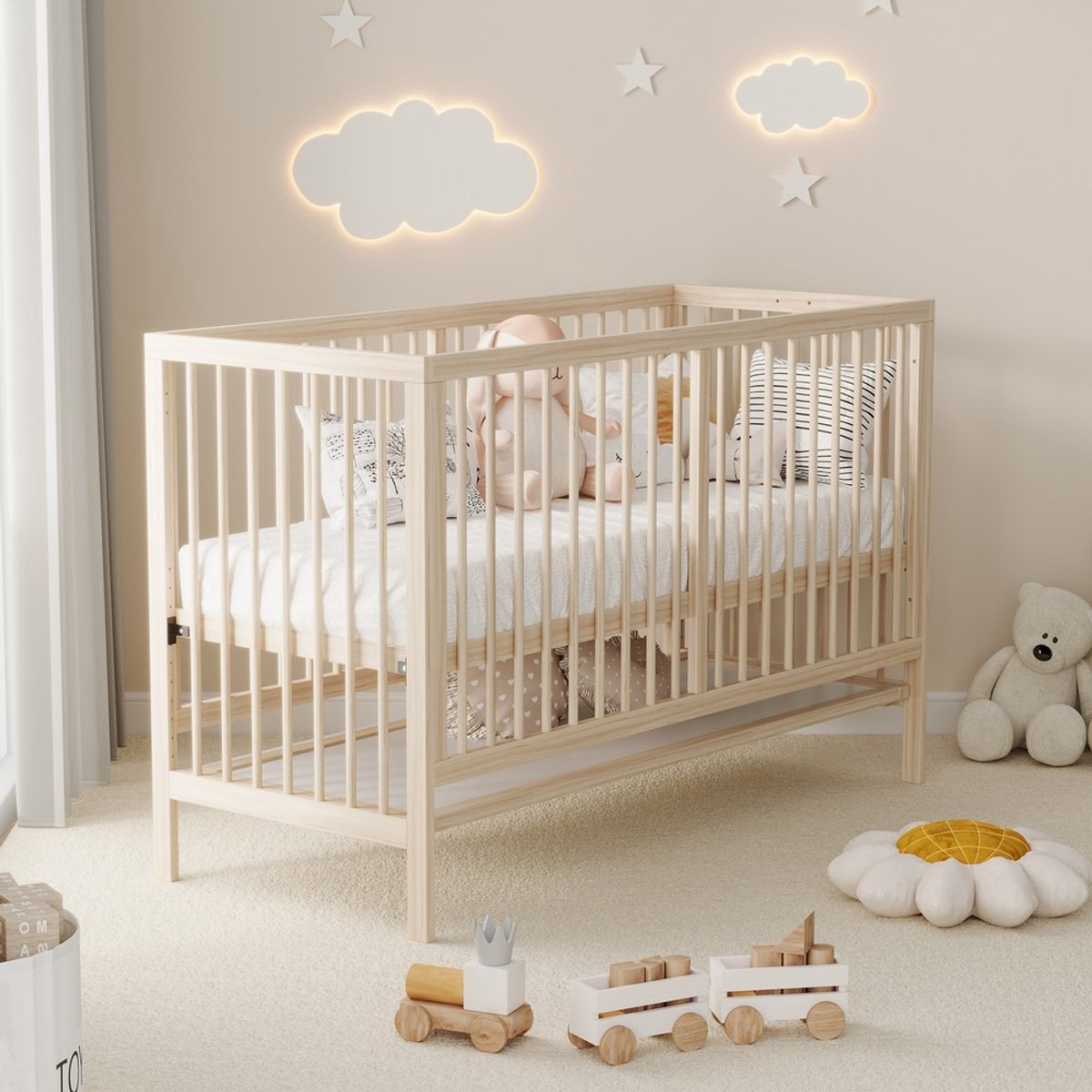 KOMHTOM - Houten Babybedje - 140x60x90 cm - Vurenhout - In Hoogte Verstelbaar - Multifunctioneel (Bijbed/Schildersezel/Bureau) - Natuur