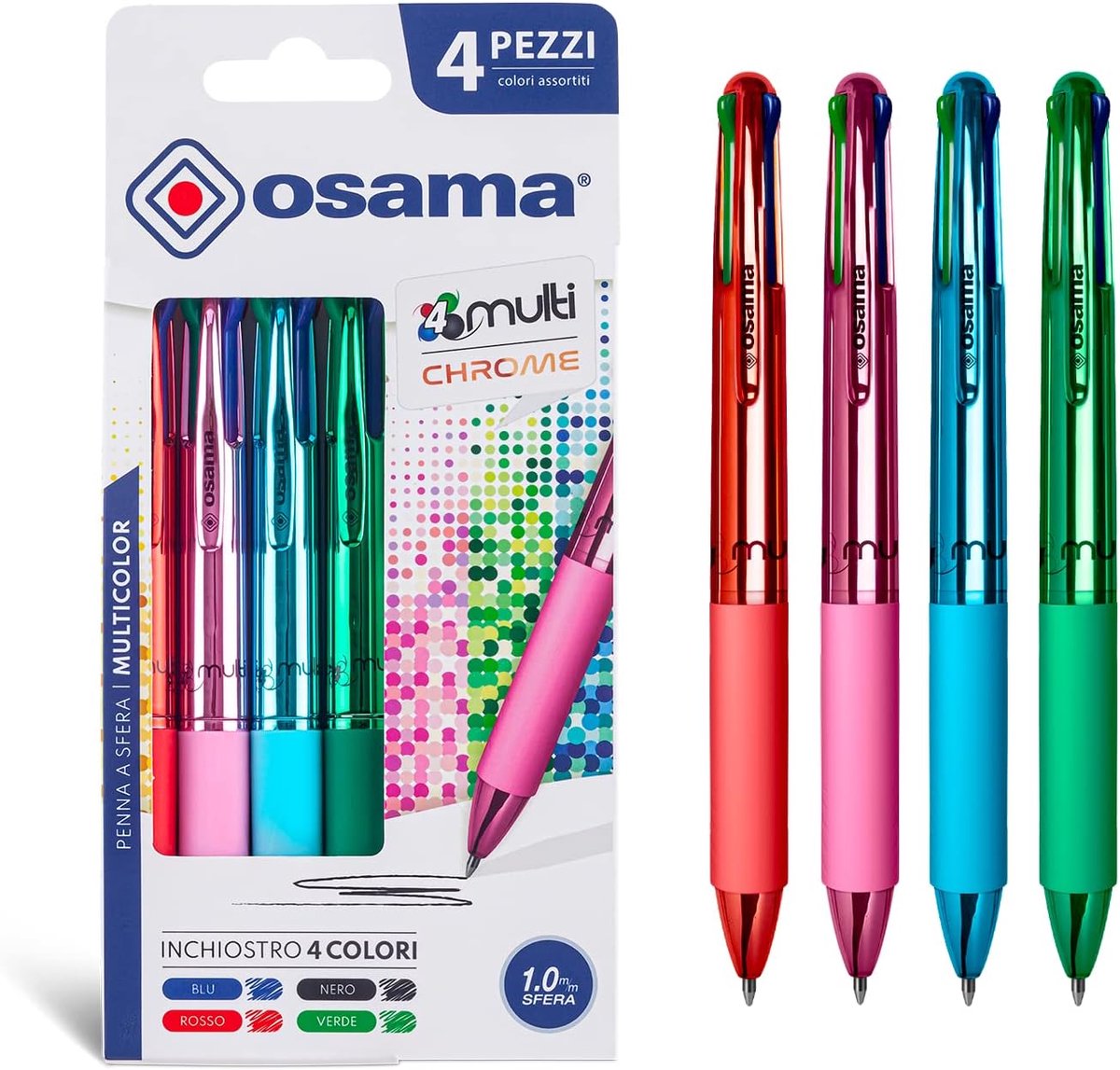 SnelShoppen - Set van 4 Multicolour Balpen met Chrome Kleur, 1 mm, Blauw, Rood, Groen en Zwart, Ideaal voor School, Universiteit en Kantoor