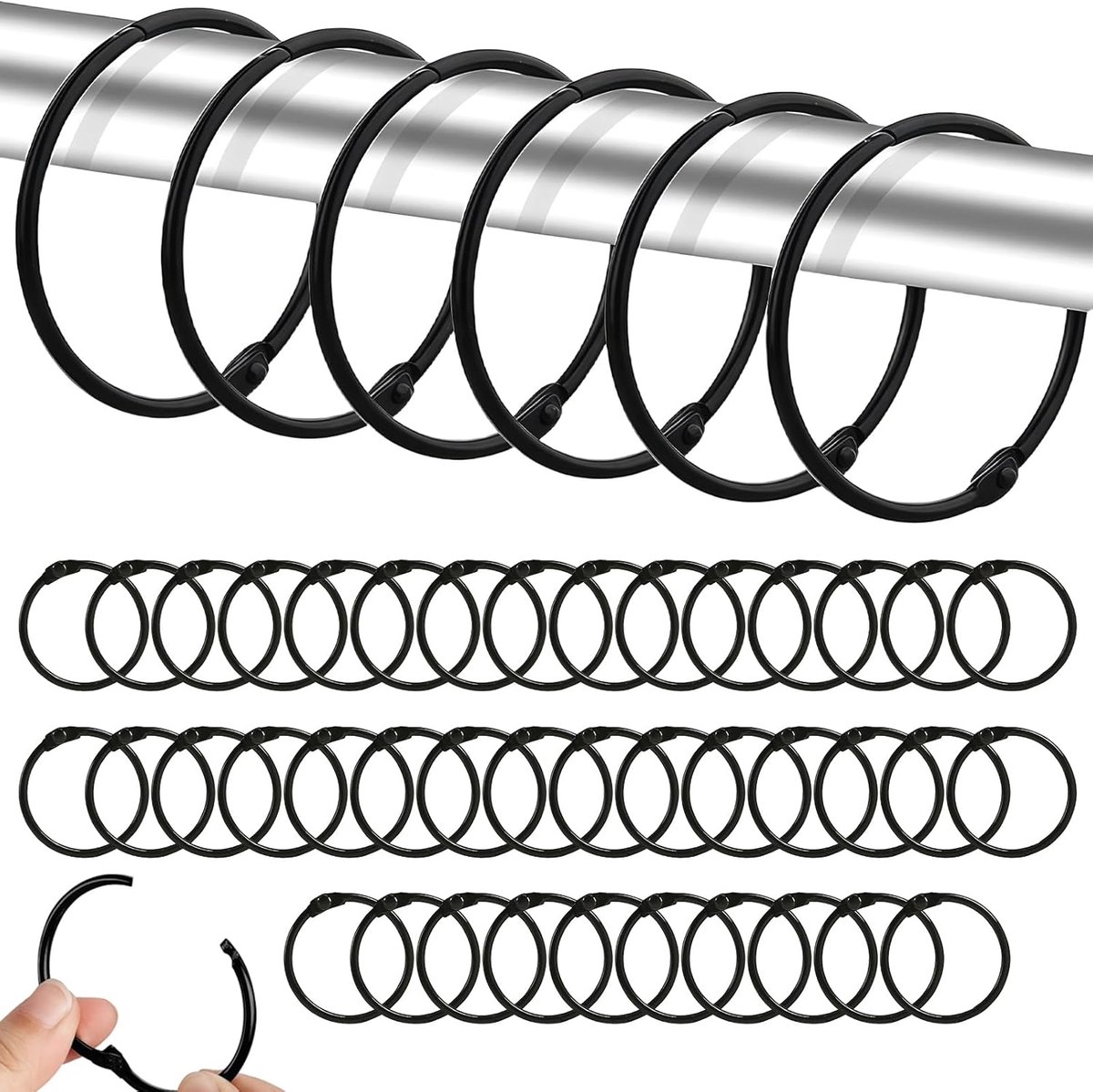 SnelShoppen - 40 Stuks Zwarte Metalen Gordijnringen 38mm - Roestvrijstalen Gordijnringen voor Douchegordijnen, Boekringen voor Sleutelhanger, Fotoalbu