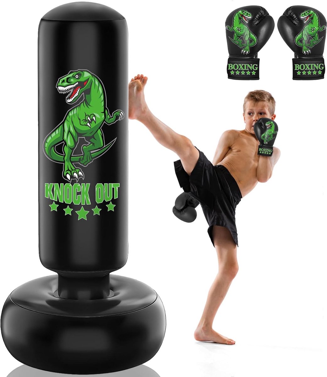Thijox - Kids Punhing Bag - 160 cm Vrijstaande Bokszakset met Bokshandschoenen - Ferocious Dinosaur Opblaasbare Kickbokszak voor Karate, Taekwondo, MM