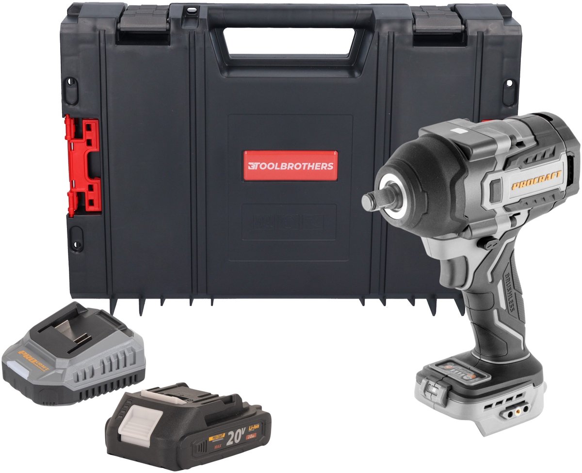 ProCraft Industrial IW850A-BB accu-slagmoersleutel 20 V 850 Nm 1/2" borstelloos + 1x accu 2,0 Ah + oplader + RHINO-gereedschapskoffer