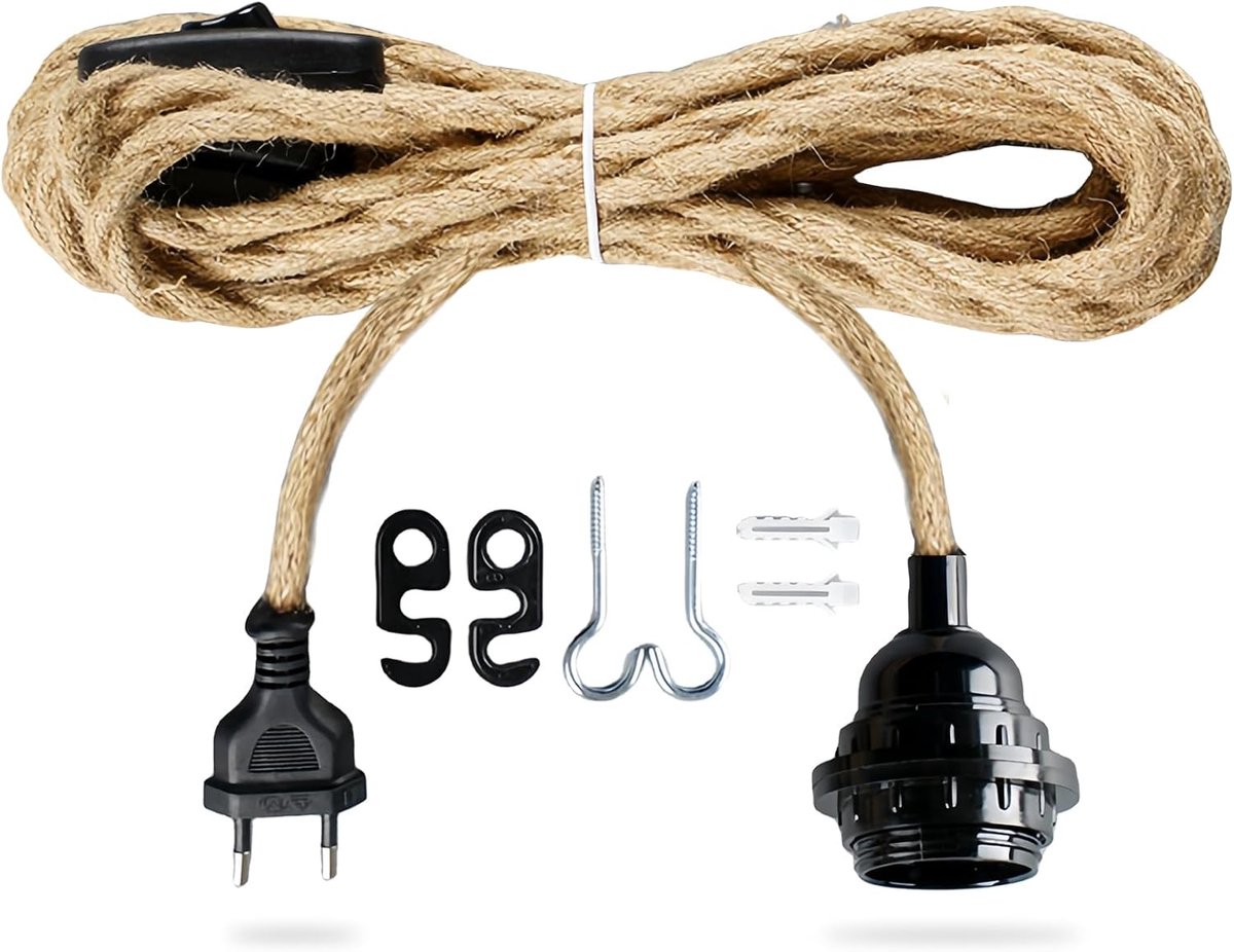 SnelShoppen - E27 Vintage Lamp Kabel met Stekker - 4.5 m Textiel Kabel en Hennep Touw - Pendel Lamp Socket voor DIY Vloerlampen, Vintage Hanglampen en