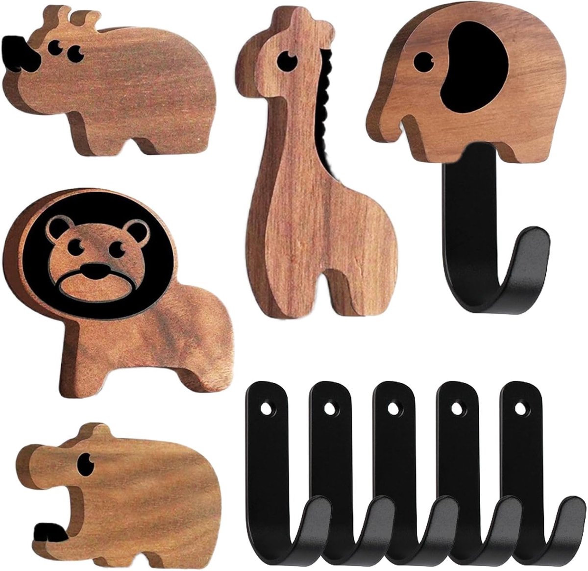 SnelShoppen - Pack van 5 Kinderen Walnoot Houten Kledinghaken met Schroeven - Dieren Ontwerpen - Duurzaam & Decoratief voor Kinderkamer, Speelkamer, H