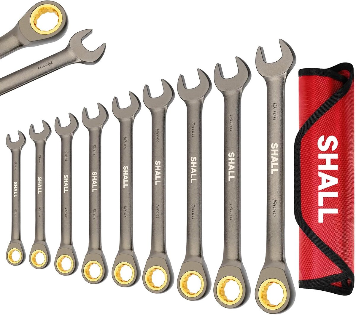 SnelShoppen - 9 Delige Ratchet Ringsteeksleutel Set 8-19mm - 72 Tanden Combinatiewrench - Chroom Vanadium Staal - Roestvrij - Compacte Opbergtas voor