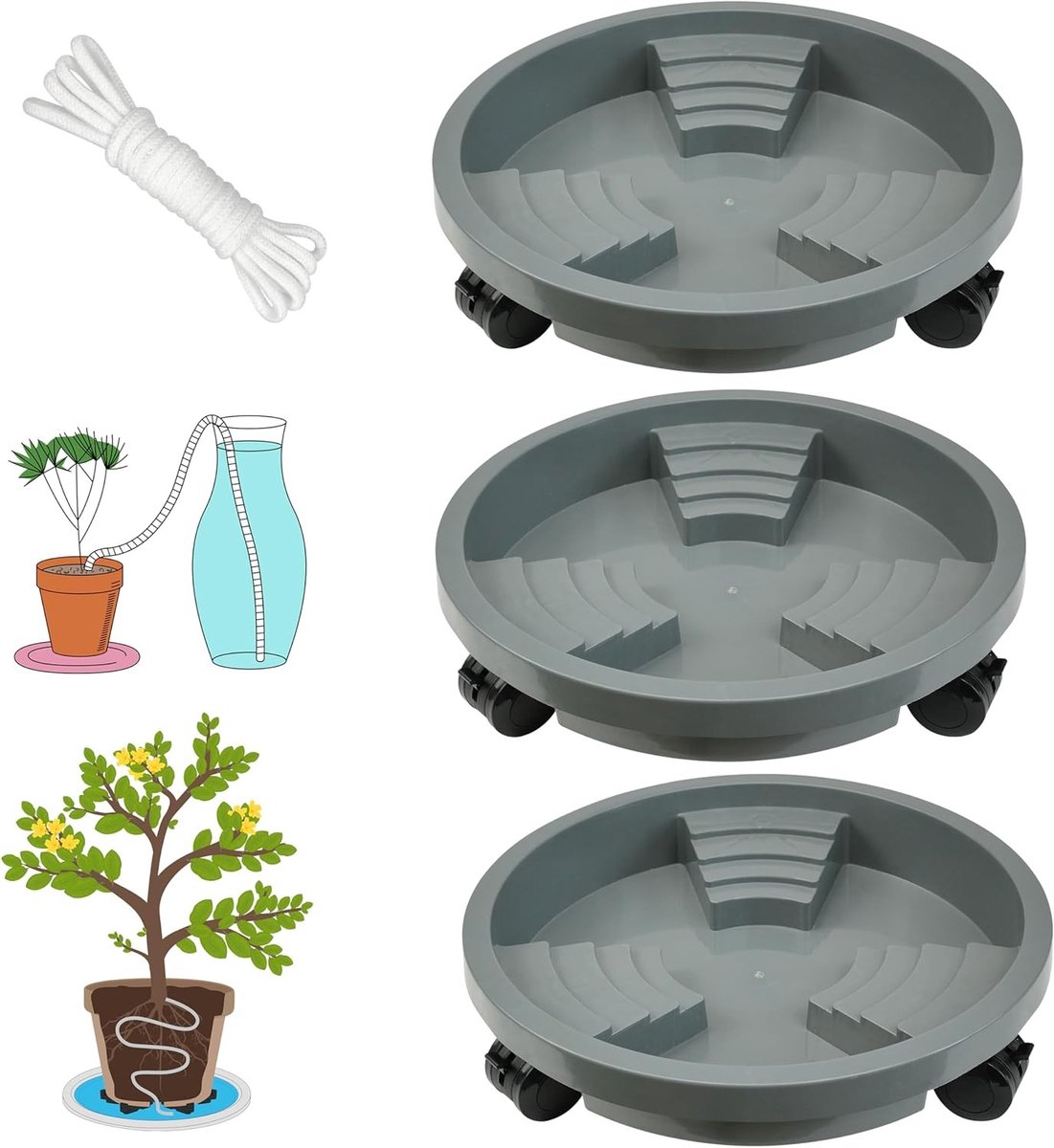 Set van 3 Plantenpotten van 29,5 cm met Vergrendelbare Wielen, Afwatering en Zelfwateringssysteem, Ideaal voor Binnen en Buiten