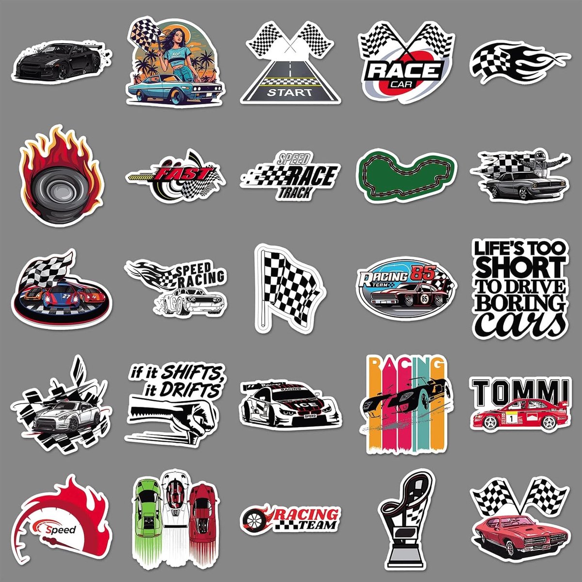 SnelShoppen - Pack van 50 Racing Car Stickers voor Jongens en Auto-liefhebbers, Premium Waterproof PVC Laptop Stickers voor Waterfles, Kindle, iPad, M