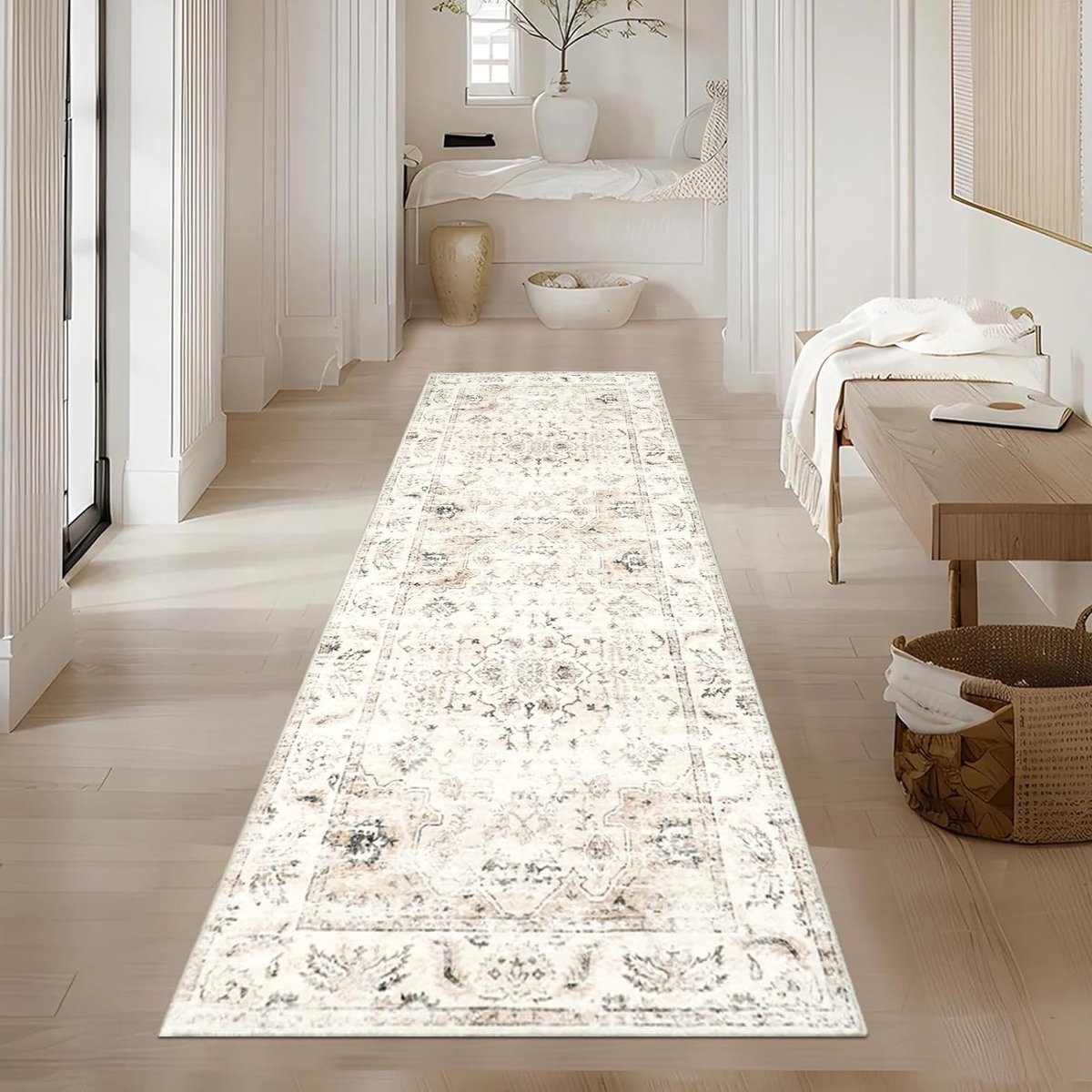Vintage Loopvloerbedekking 65x240cm Wasbare Loper voor Hal, Slaapkamer en Keuken in Beige
