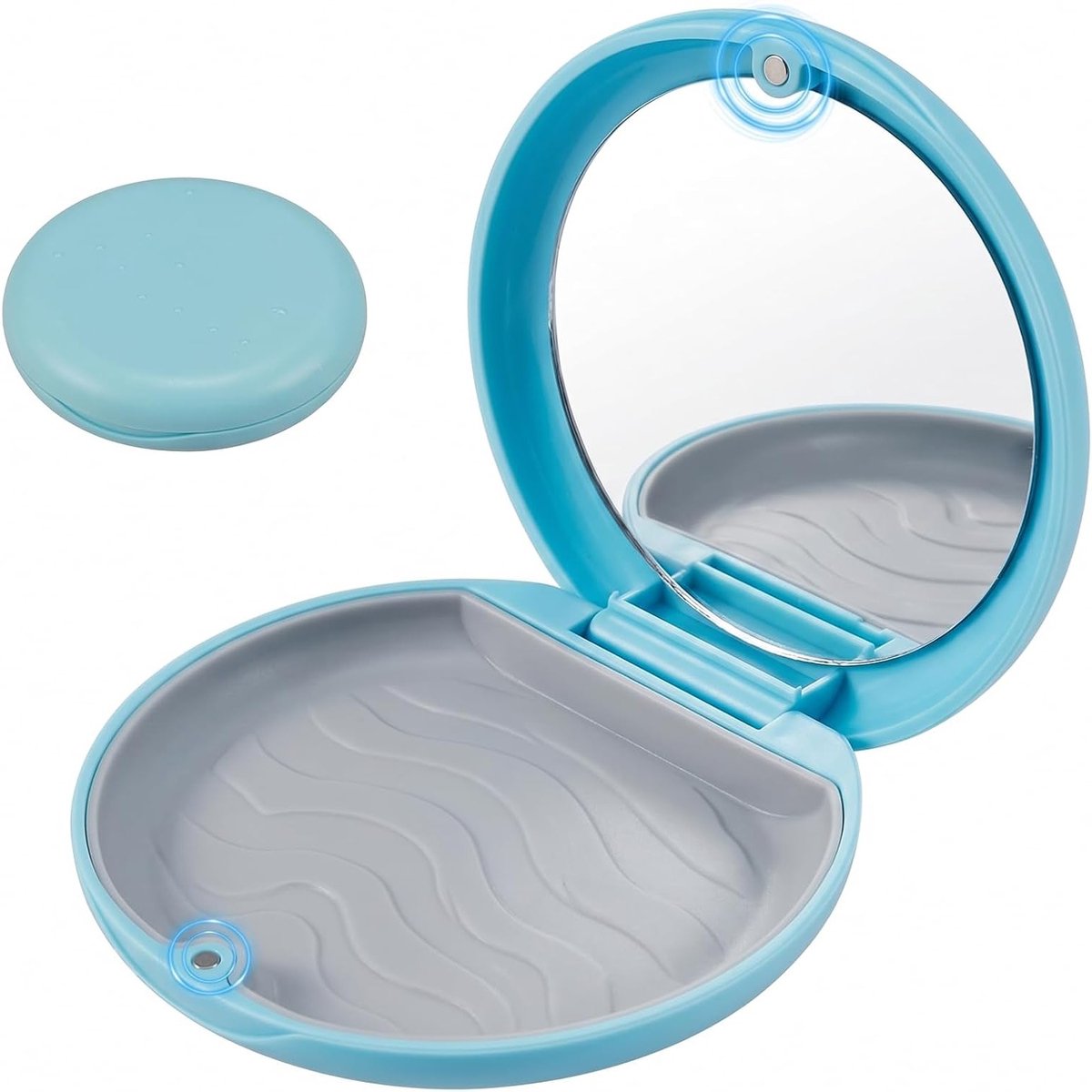 Draagbare tandbeugeldoos met spiegel en magneetsluiting, retainer box voor gebitsbescherming, lichtblauw, 8,7 x 8,7 x 2,3 cm, ideaal voor orthodontische zorg en protheses