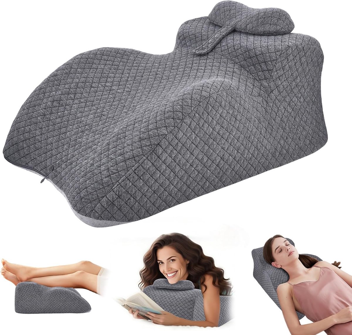 SnelShoppen - Wigkussen voor Bed en Bank - Ergonomisch Traagschuim Leeskussen - Rugkussen voor Rug, Nek en Benen - Reflux Kussen met Wasbare Overtrek