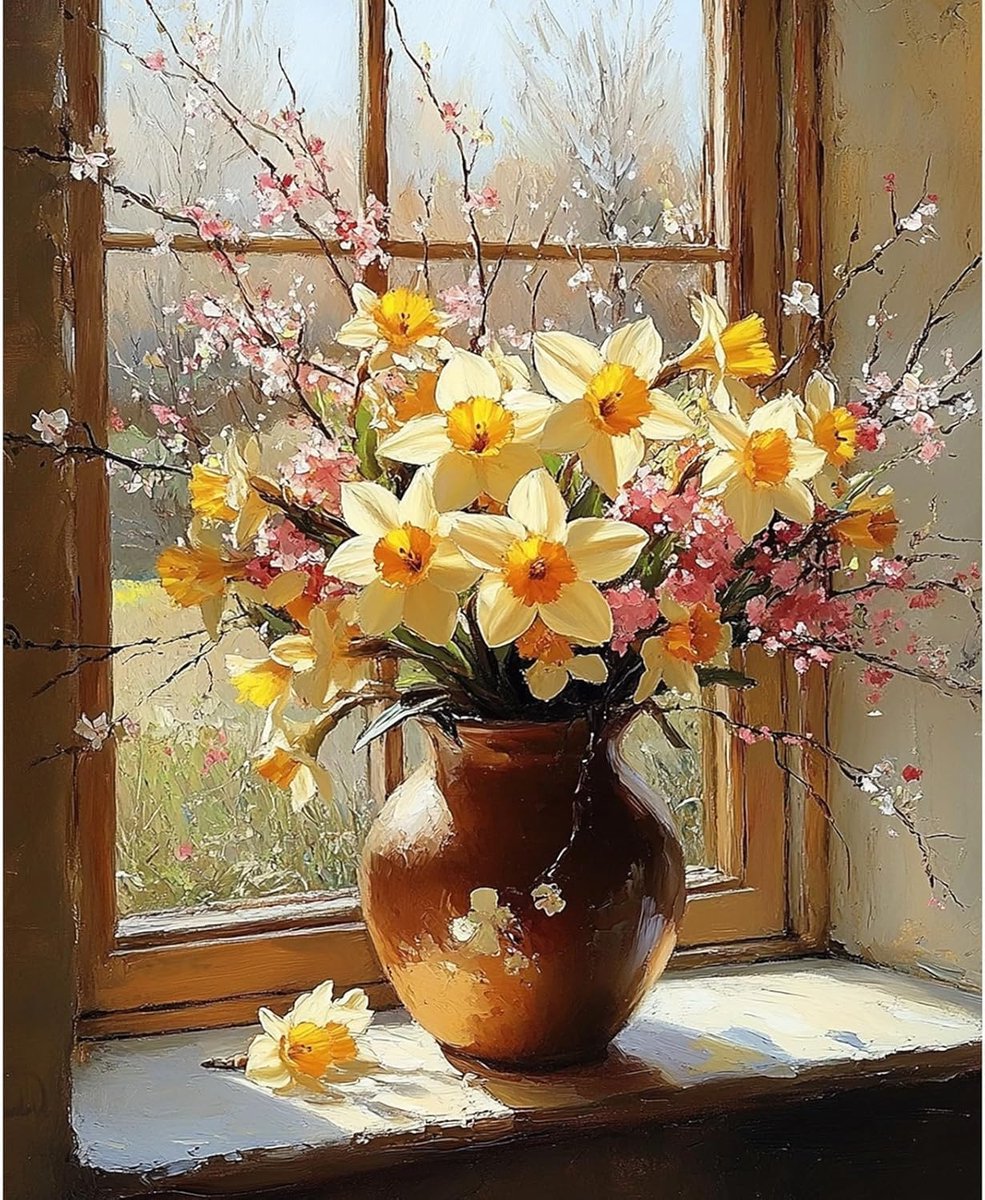 SnelShoppen - Schilderen op Nummer voor Volwassenen - Daffodils & Cherry Blossom - DIY Olieverf Set met Hoge Resolutie Canvas, Transparante Kleurblokk