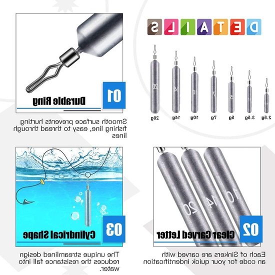 35-delige Drop Shot Loodset met 7 Gewichten voor Zoet- en Zoutwatervissen, Inclusief Opbergdoos en Diverse Maten (3.5g/5g/7g/10g/14g/20g/28g) — afbeelding 2