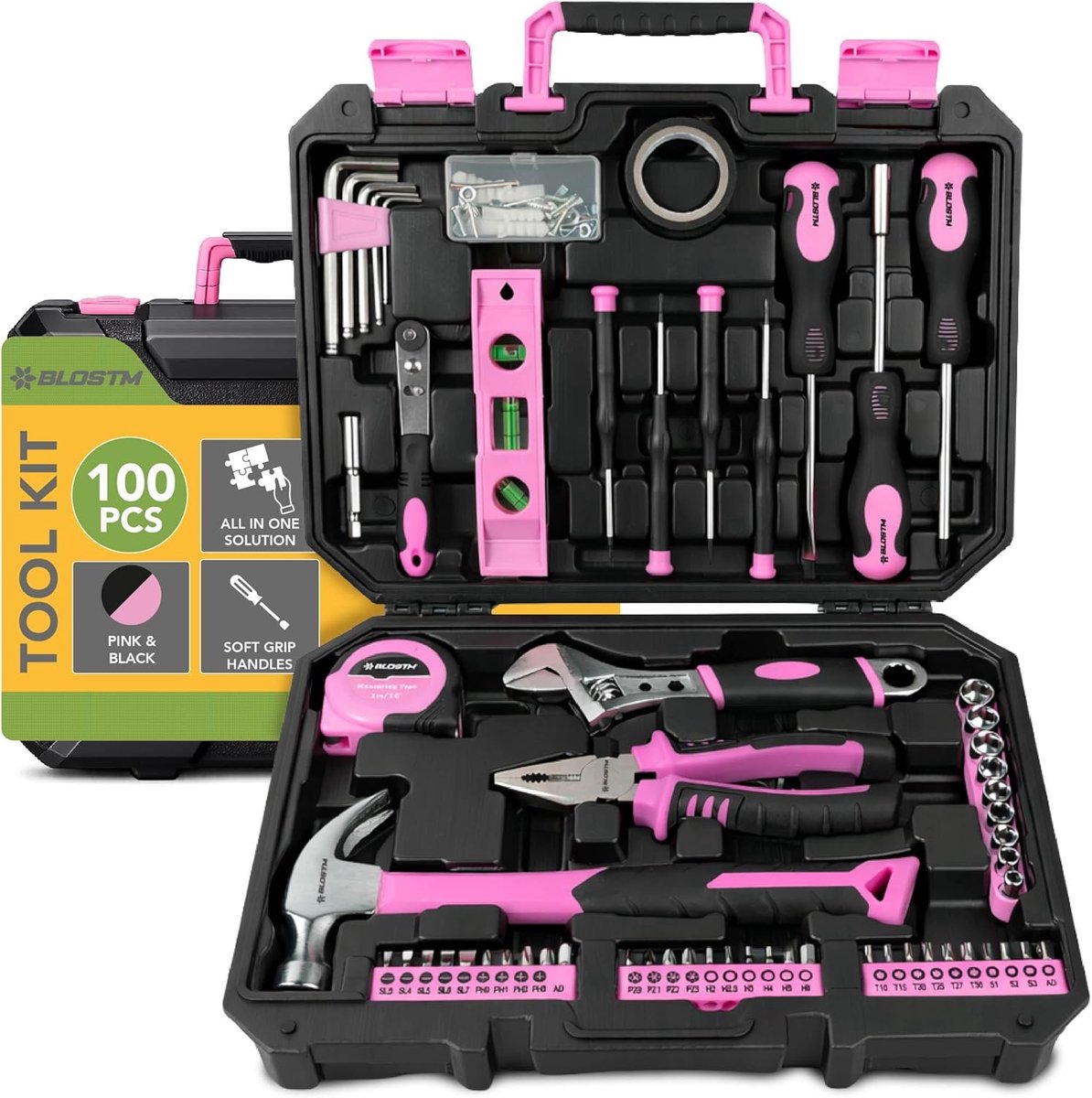 SnelShoppen - 100-delige Roze Gereedschapsset - Complete Handgereedschapset voor DIY Projecten en Thuisreparaties - Inclusief Hamer, Tangen en Opbergd