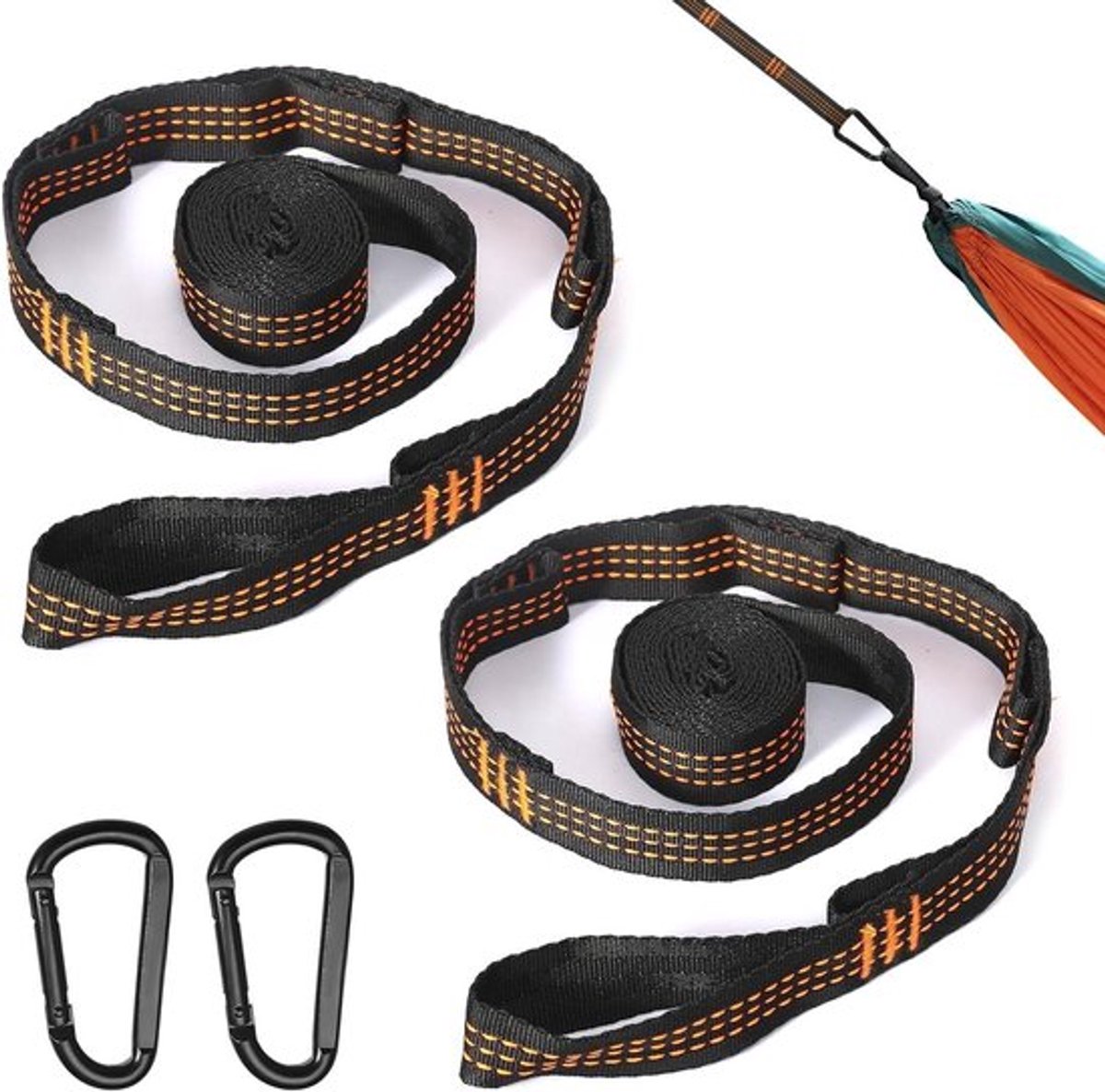 Bevestigingsset voor hangmat met touw van 2 meter, karabijnhaken en zware belasting - ideaal voor camping, outdoor en reizen