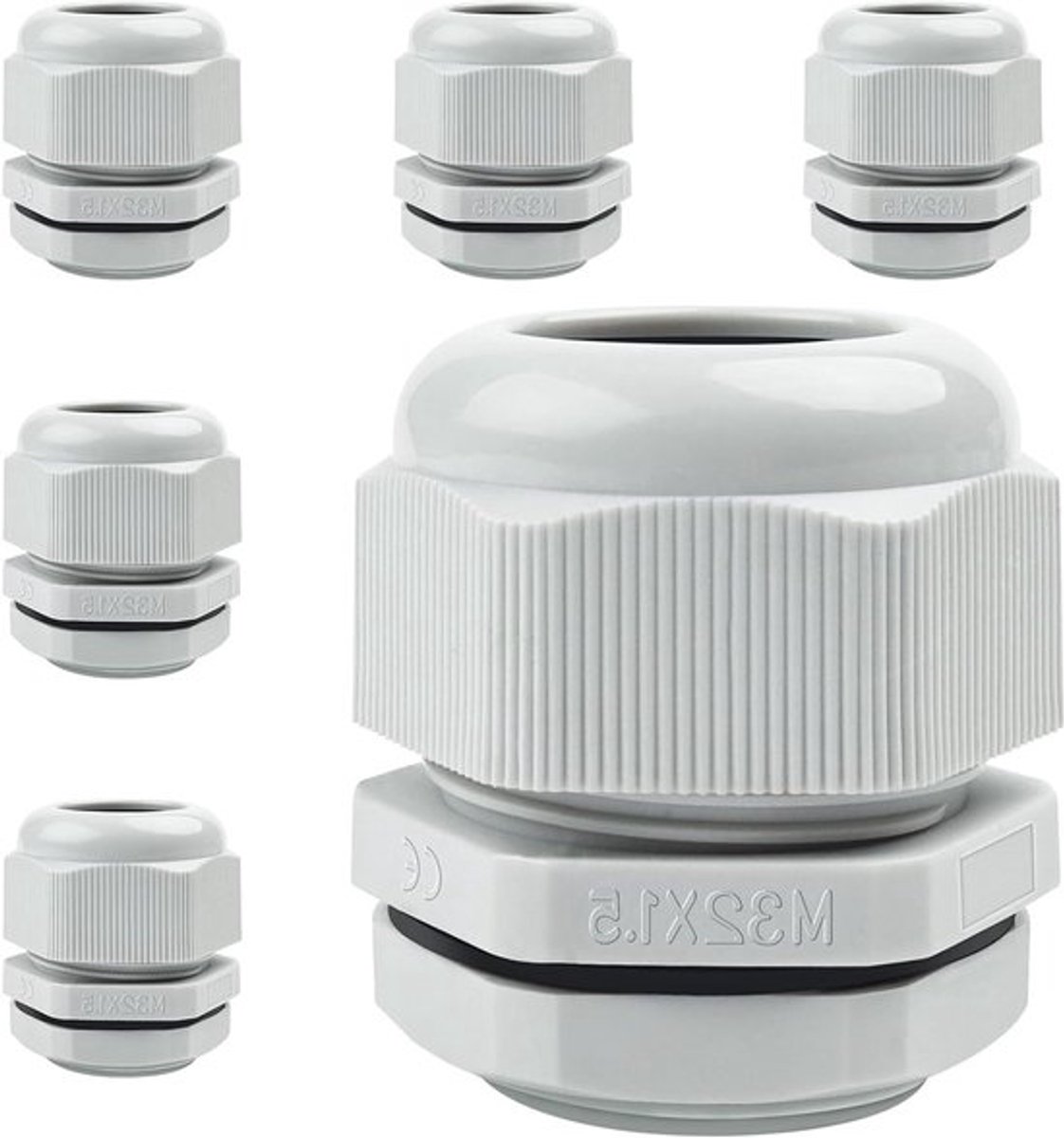 Kabelschroefverbinding set van 6 stuks voor waterdichte kabeldoorvoer M32 x 1,5 grijs - IP68 gecertificeerd - Fire Preventie - Met contramoer