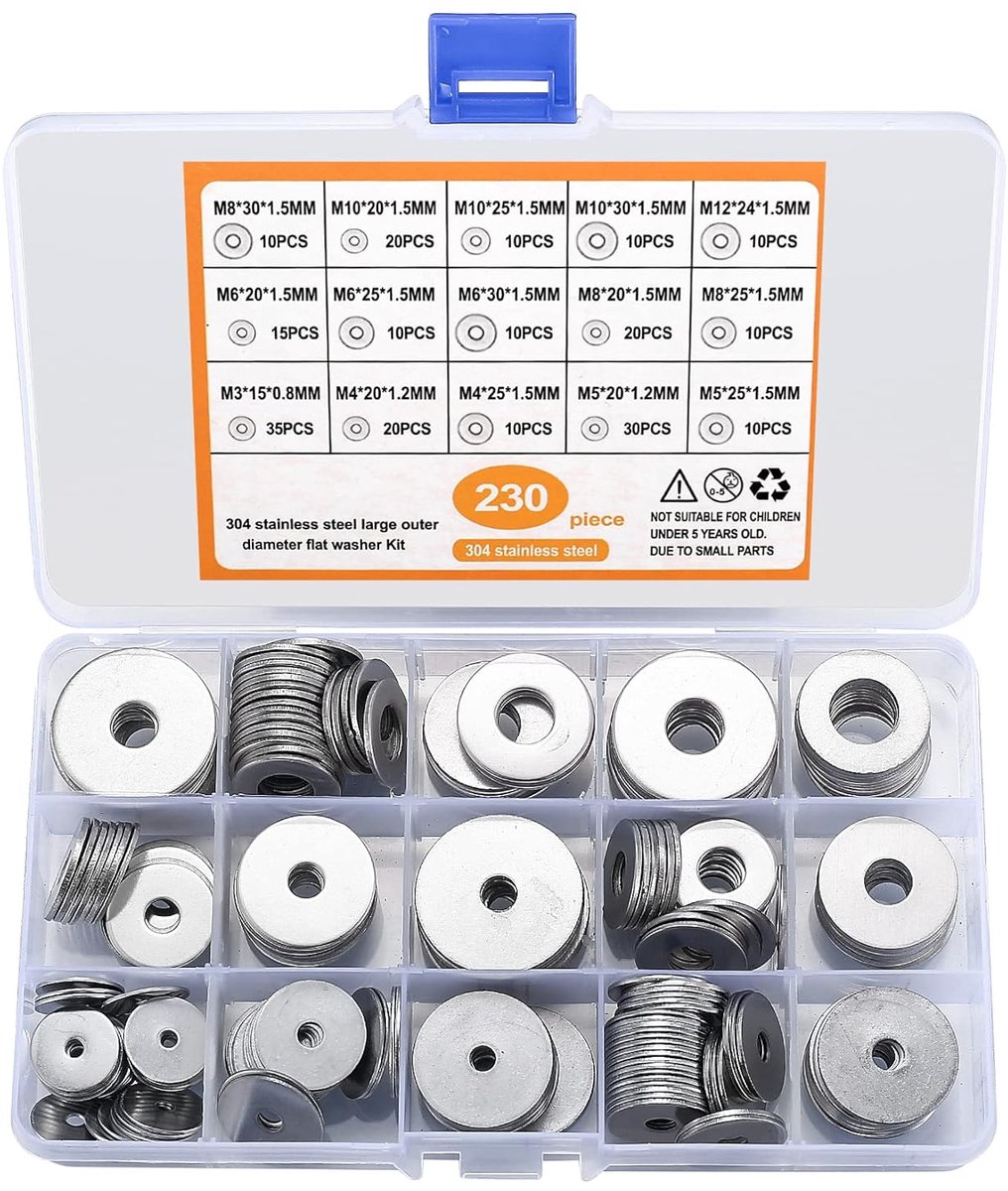 SnelShoppen - 230-Delige RVS Vlakke Ringenset, Assortiment Lock Ringen en Moeren, 15 Maten M3/M4/M5/M6/M8/M10/M12, Corrosiebestendig en Duurzaam