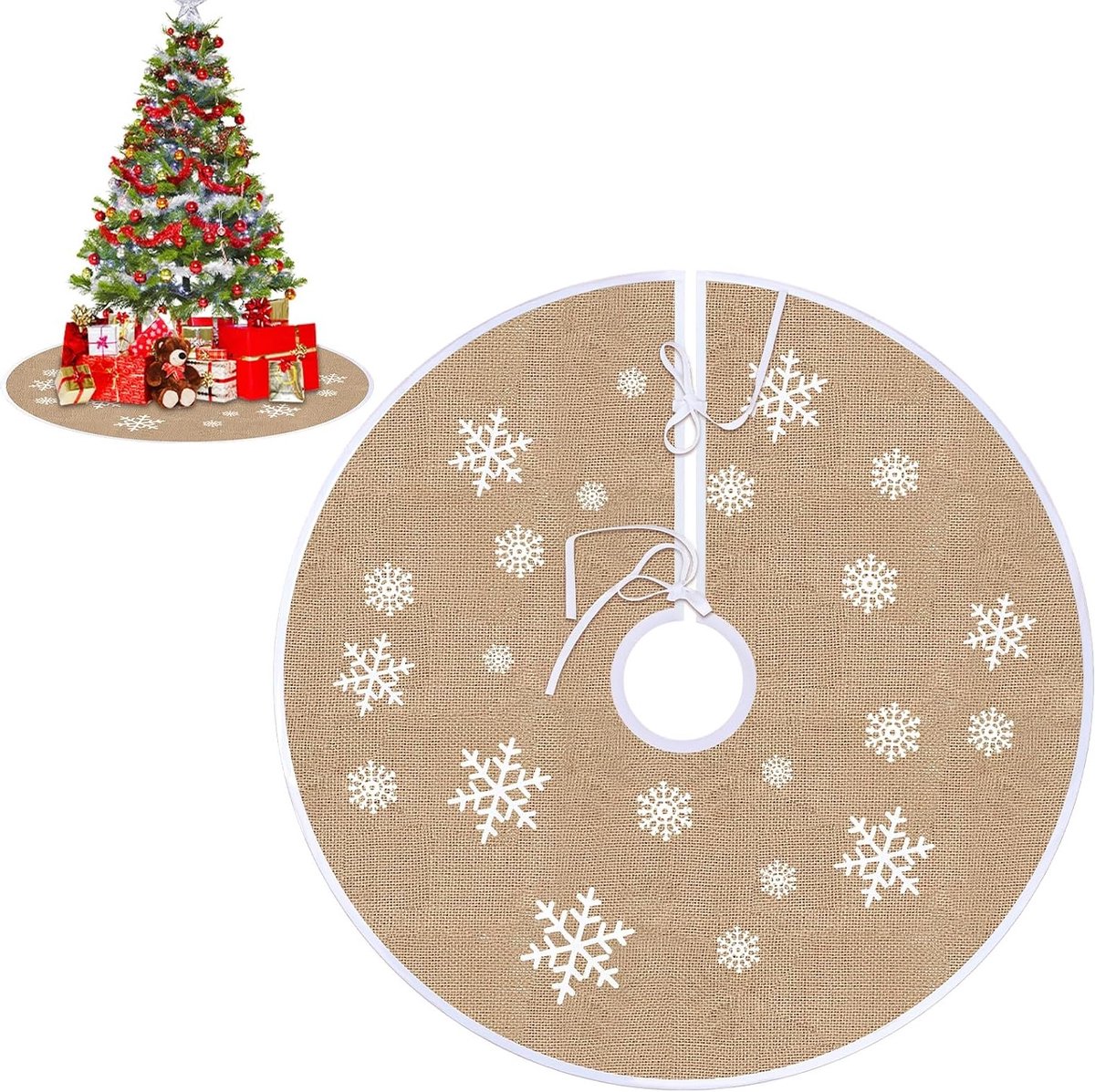 Ronde kerstboomrok van linnen met sneeuwvlokken, 80 cm, perfect voor kerstdecoratie en het creëren van een feestelijke sfeer